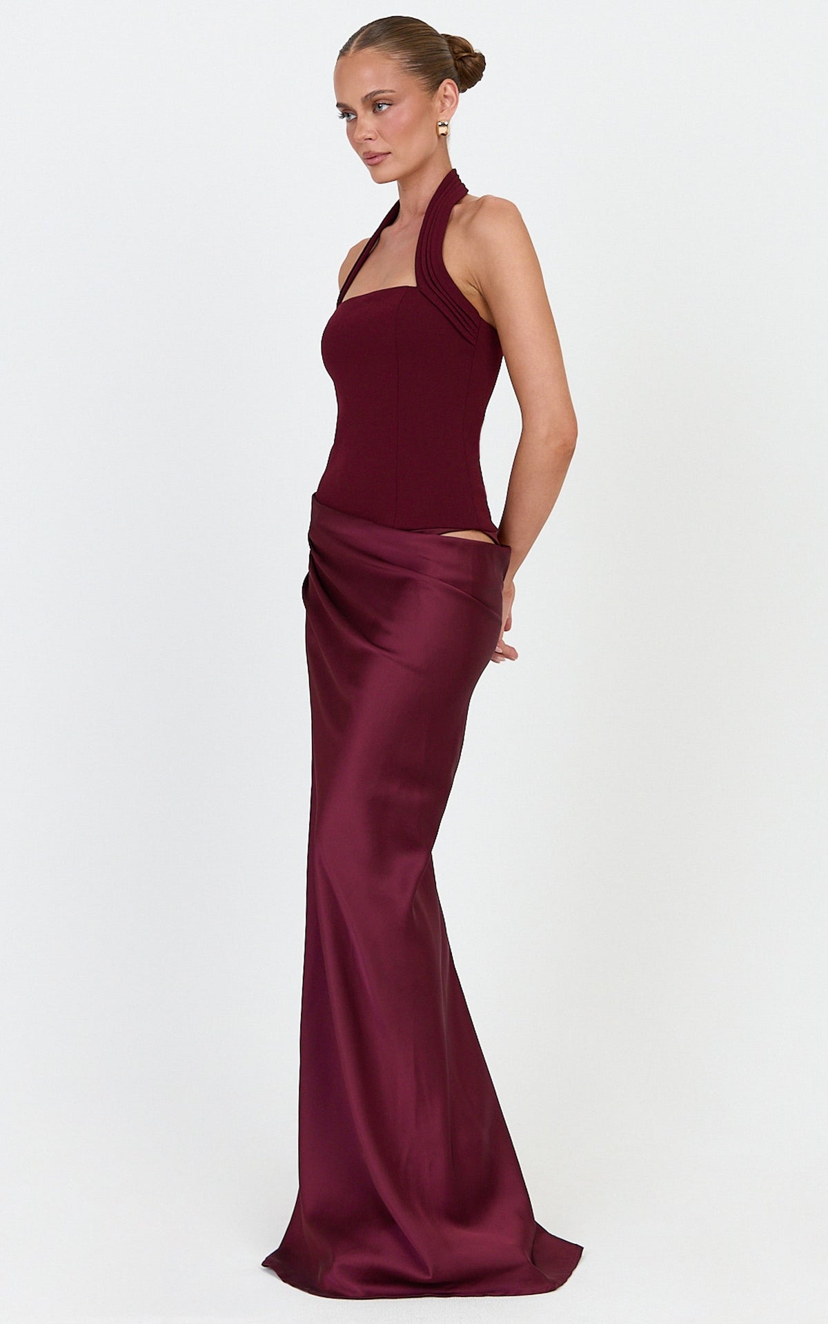 Solene Maxi Dress - Halter Neck Draped Cowl Waist Dress in Plum