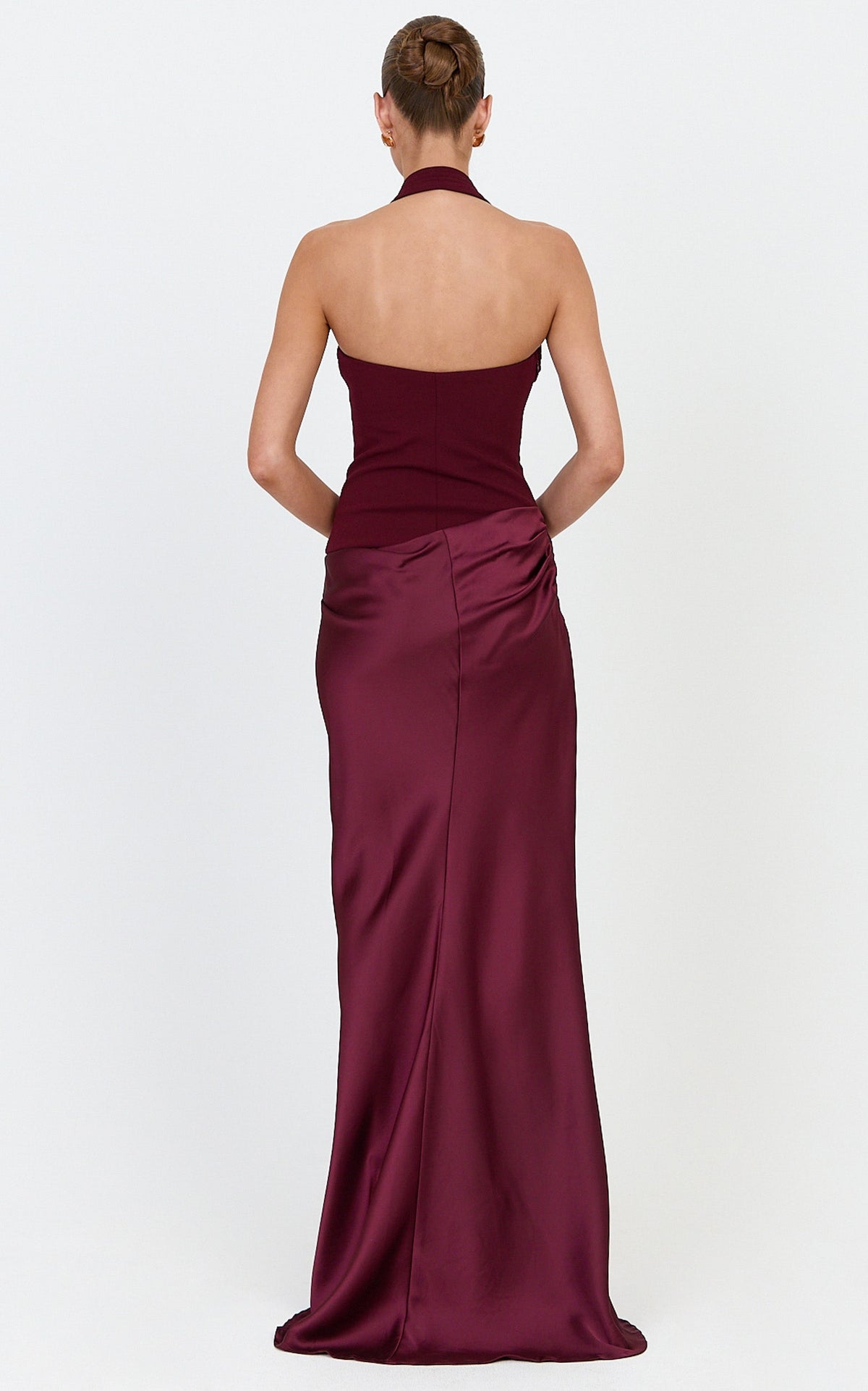 Solene Maxi Dress - Halter Neck Draped Cowl Waist Dress in Plum