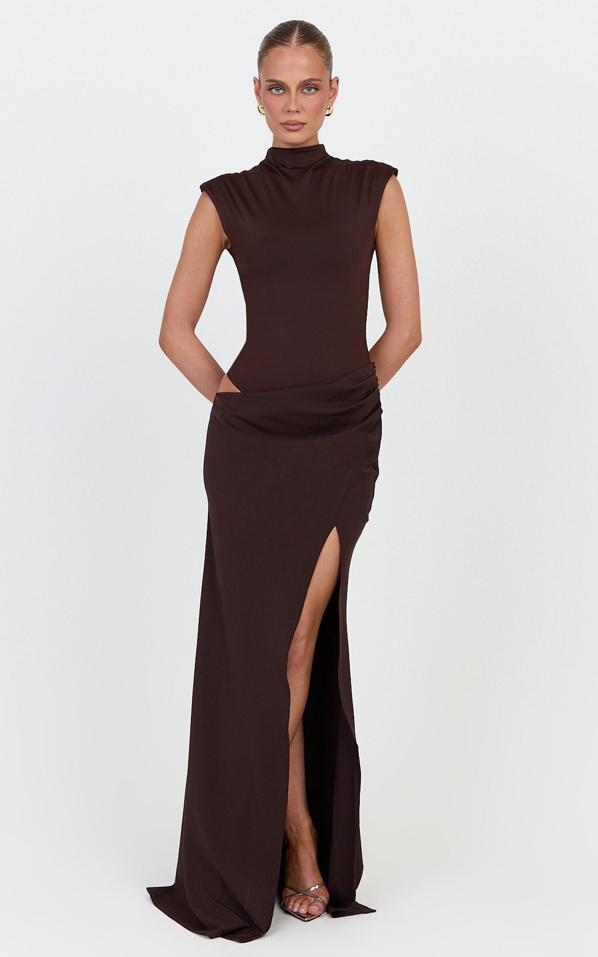 Grace Maxi Dress - Cap Sleeve Asymmetric Split Dress in Chocolate