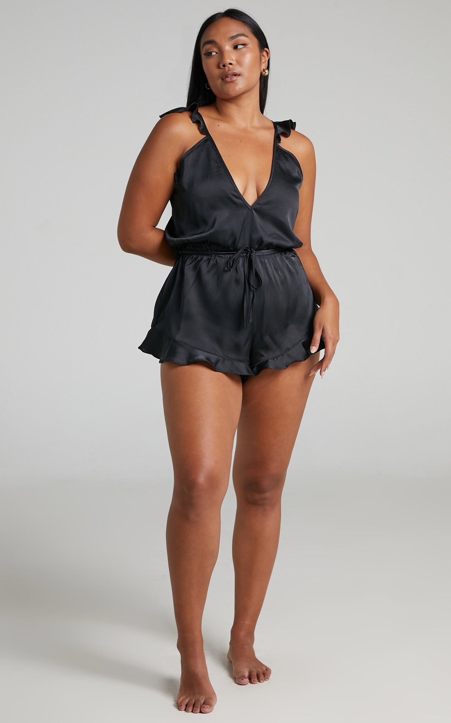 Alohra Romper - Frill Satin Sleep Romper in Black