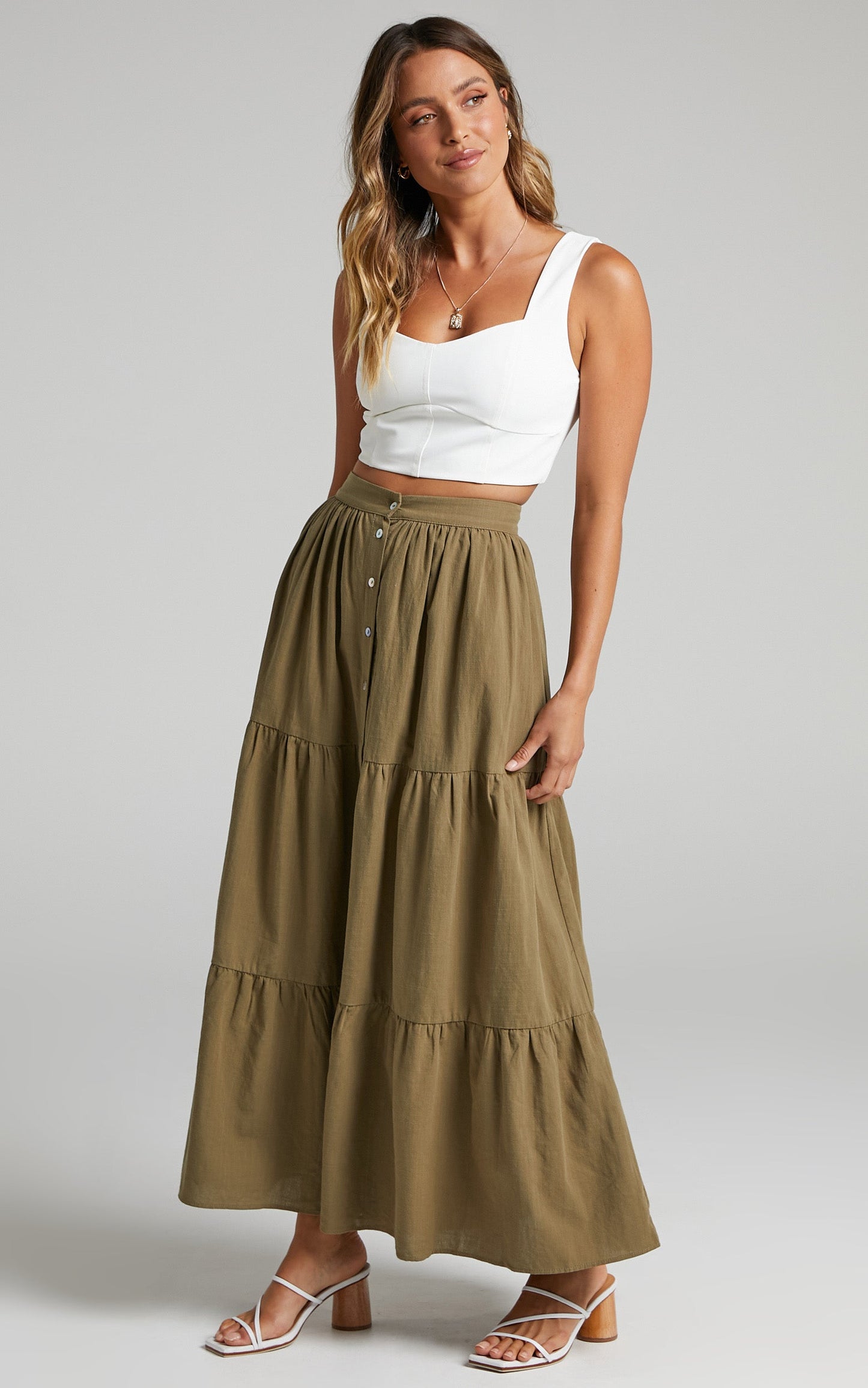 Arabella Tiered Button Front Maxi Skirt in Khaki