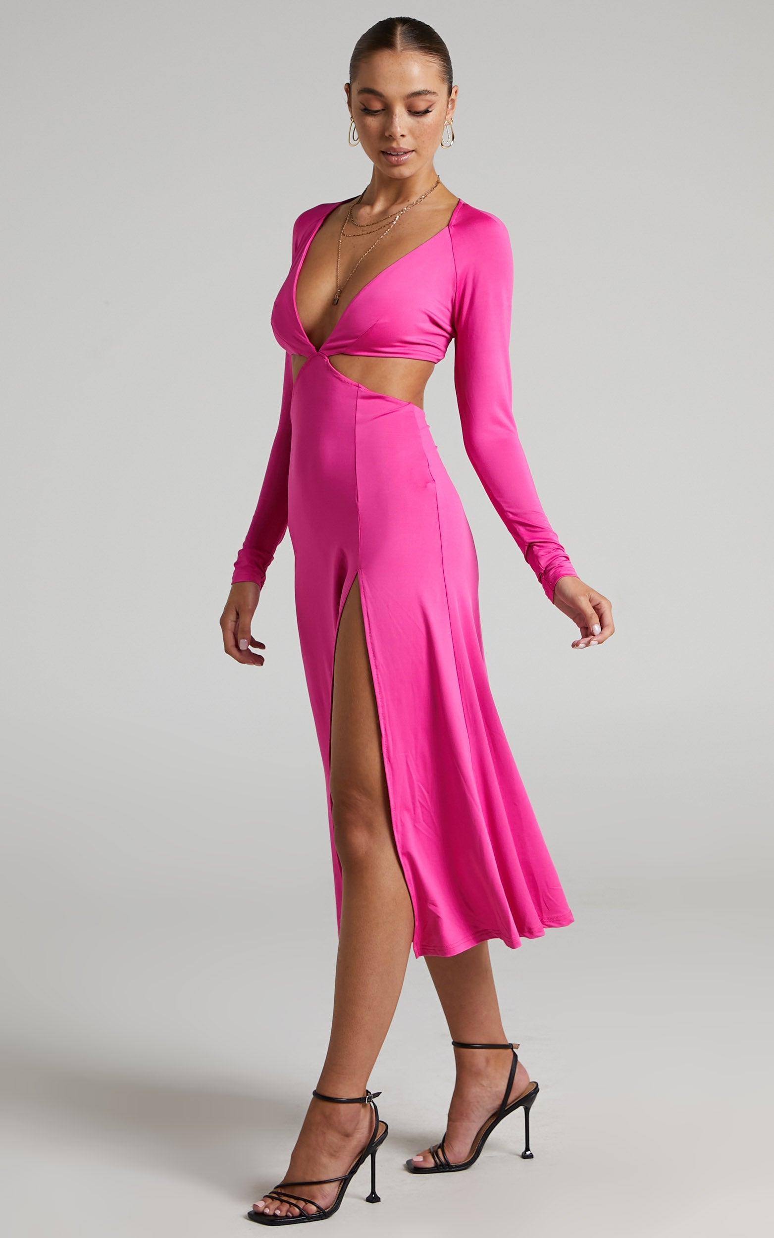 Arleine Front Cut Out Tie Back Long Sleeve Midi Dress in Pink