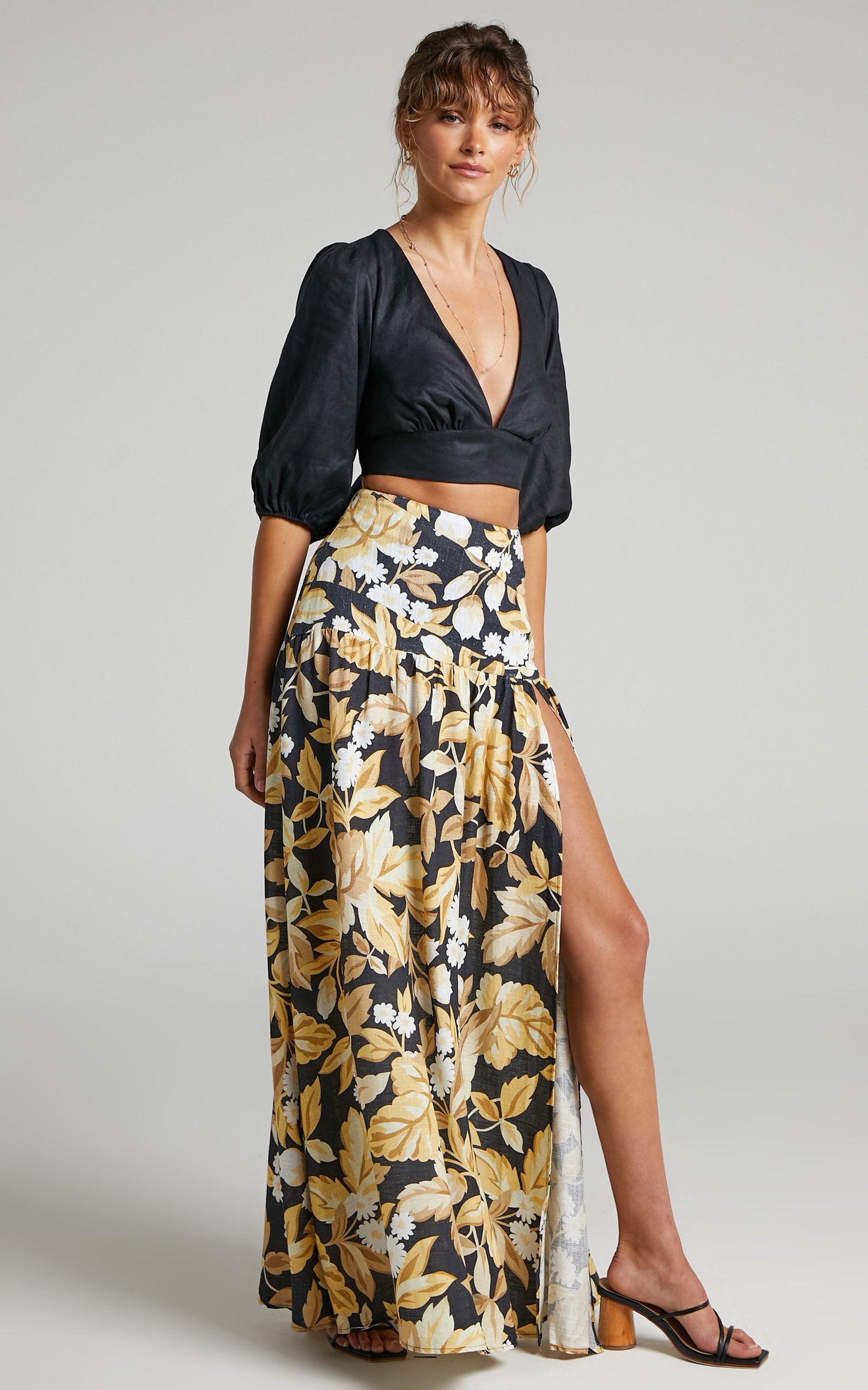 Amalie The Label - Athena Linen Side Split Maxi Linen Skirt in Black Floral