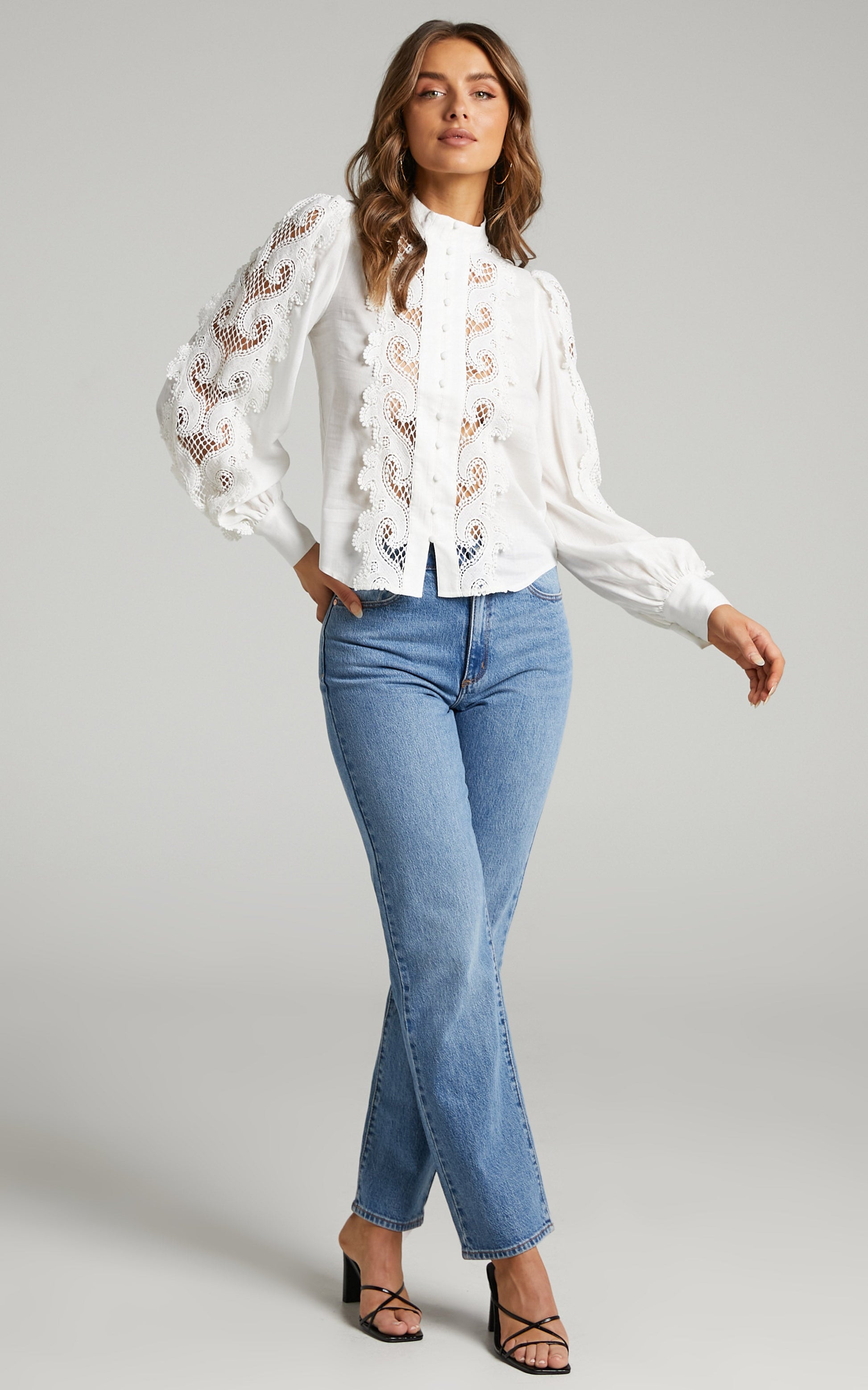 Belissa Top - Linen Look Lace Trim High Neck Blouse in White