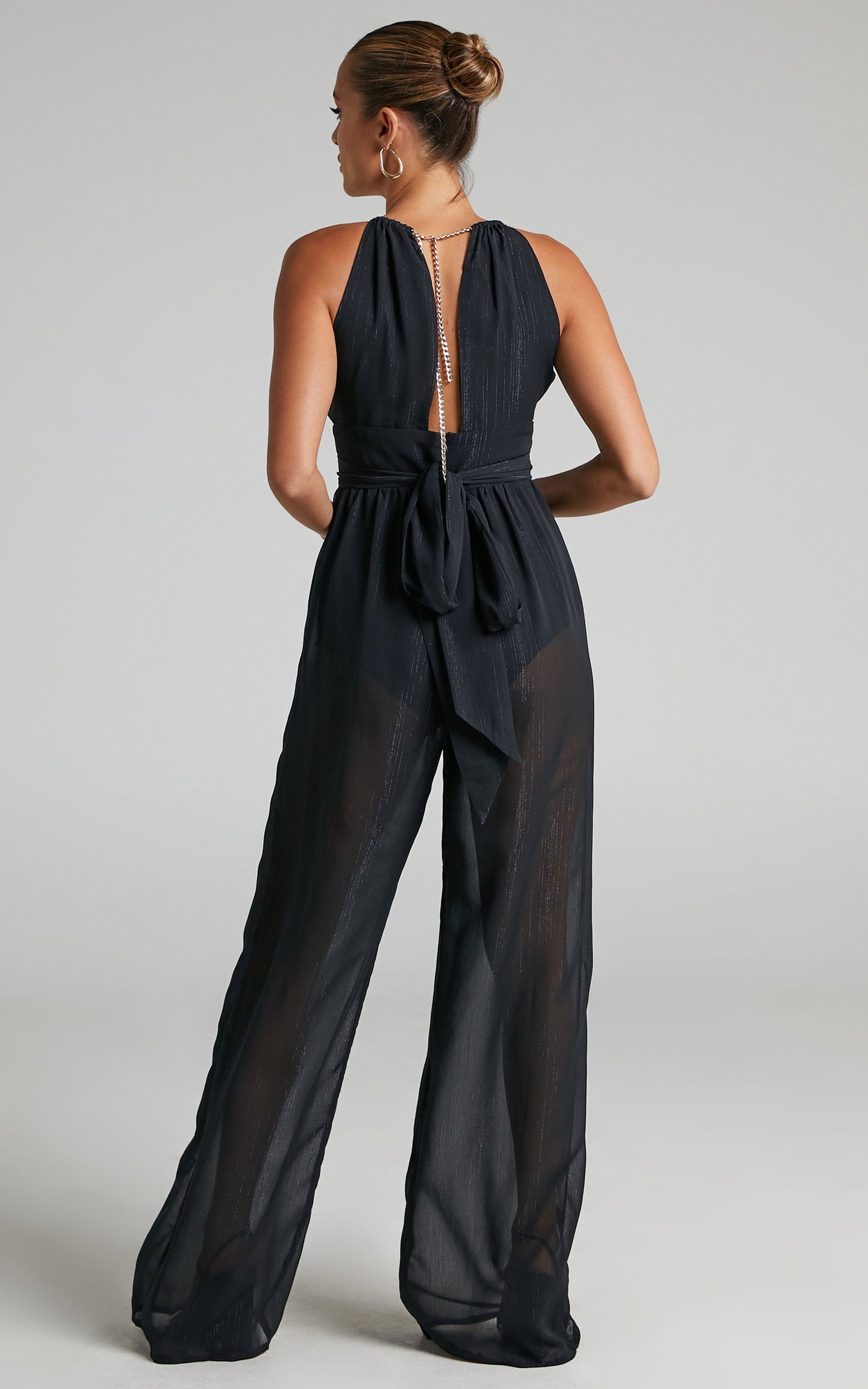 Chanda Jumpsuit - Halter Neck Chain Sheer Wide Leg Jumpsuit in Black