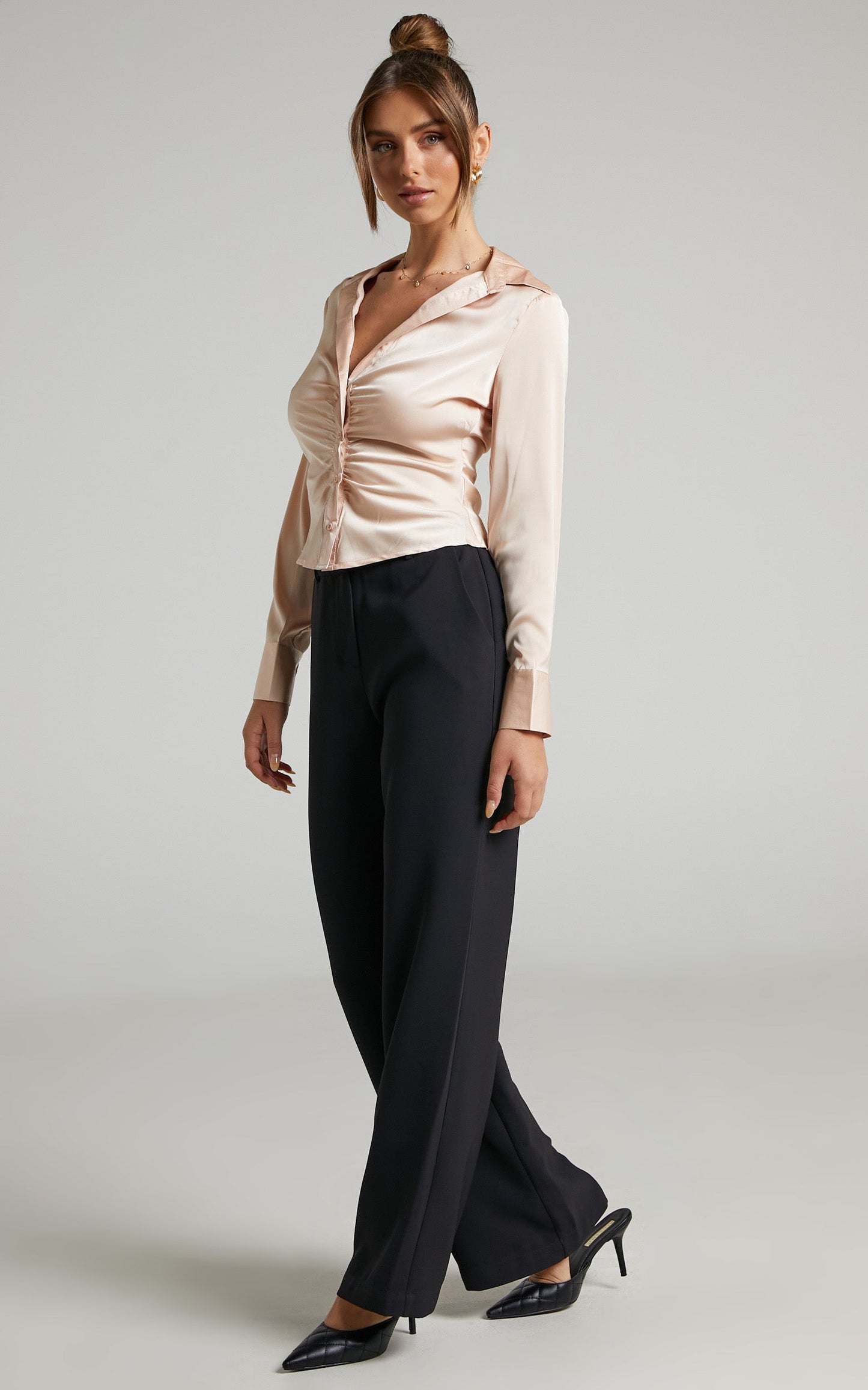 Cleone Ruched Front Collared Blouse in Champagne