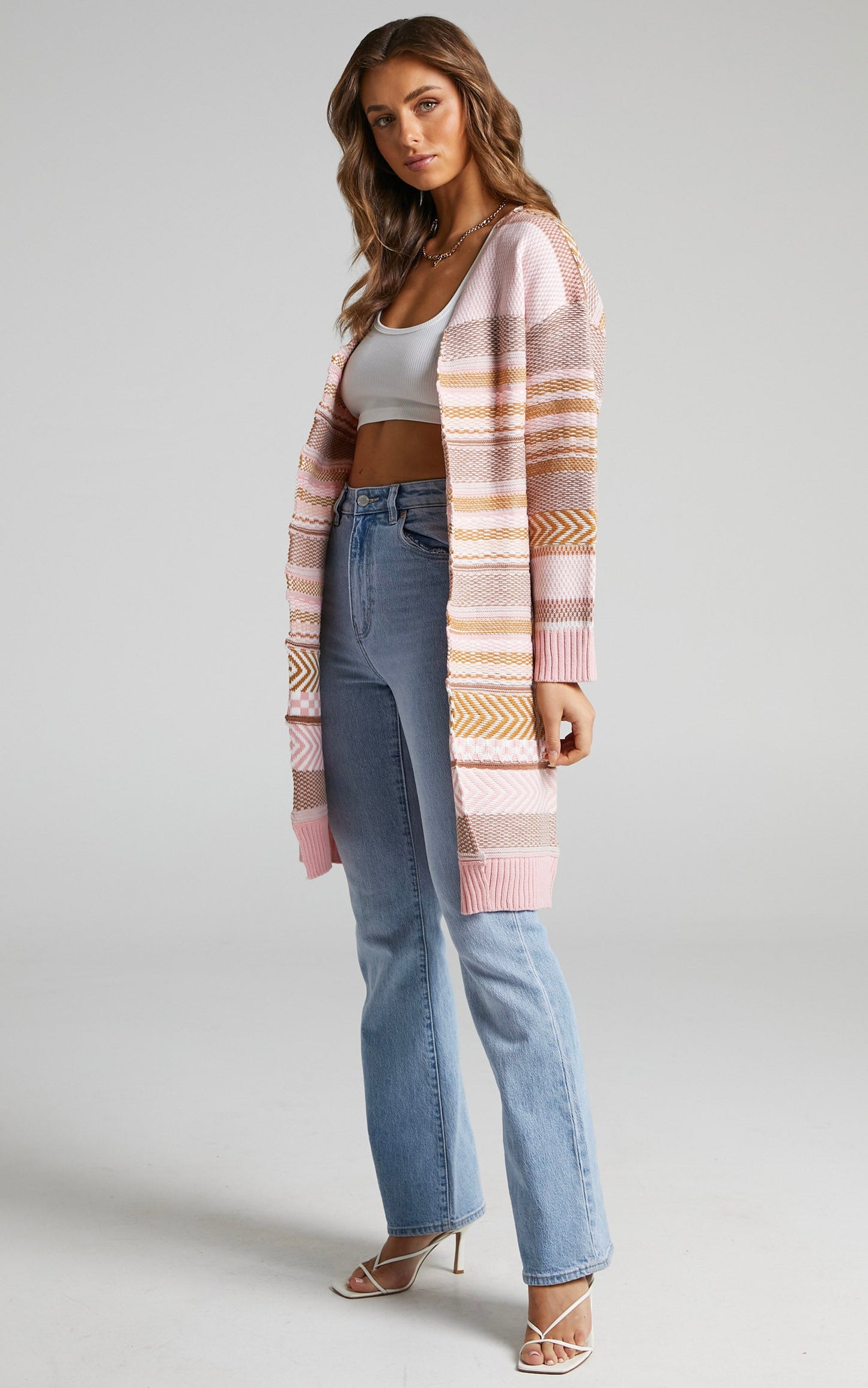 Cleonie Longline Patchwork Cardigan in Pale Pink