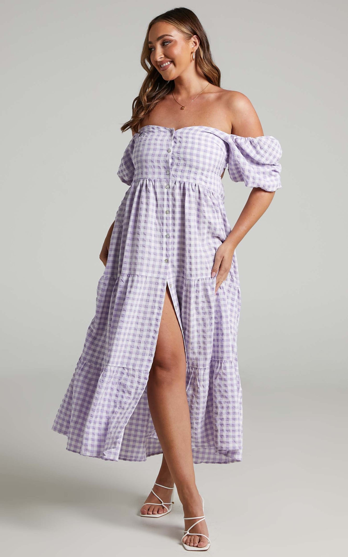 Drigeth Puff Sleeve Open Back Midi Dress in Lilac Gingham