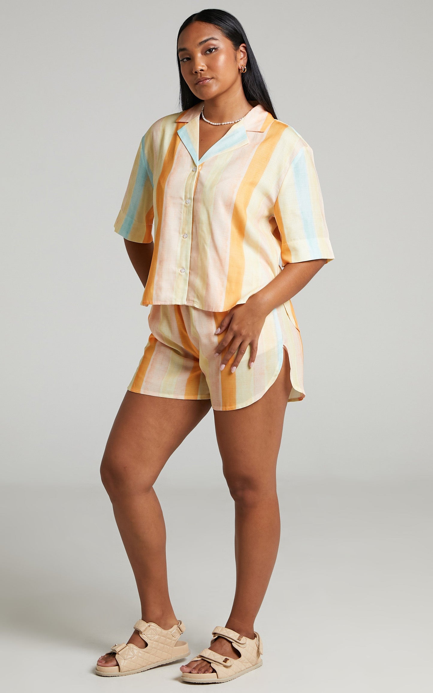 Ehliza Two Piece Set - Button Shirt and Shorts Set in Multi