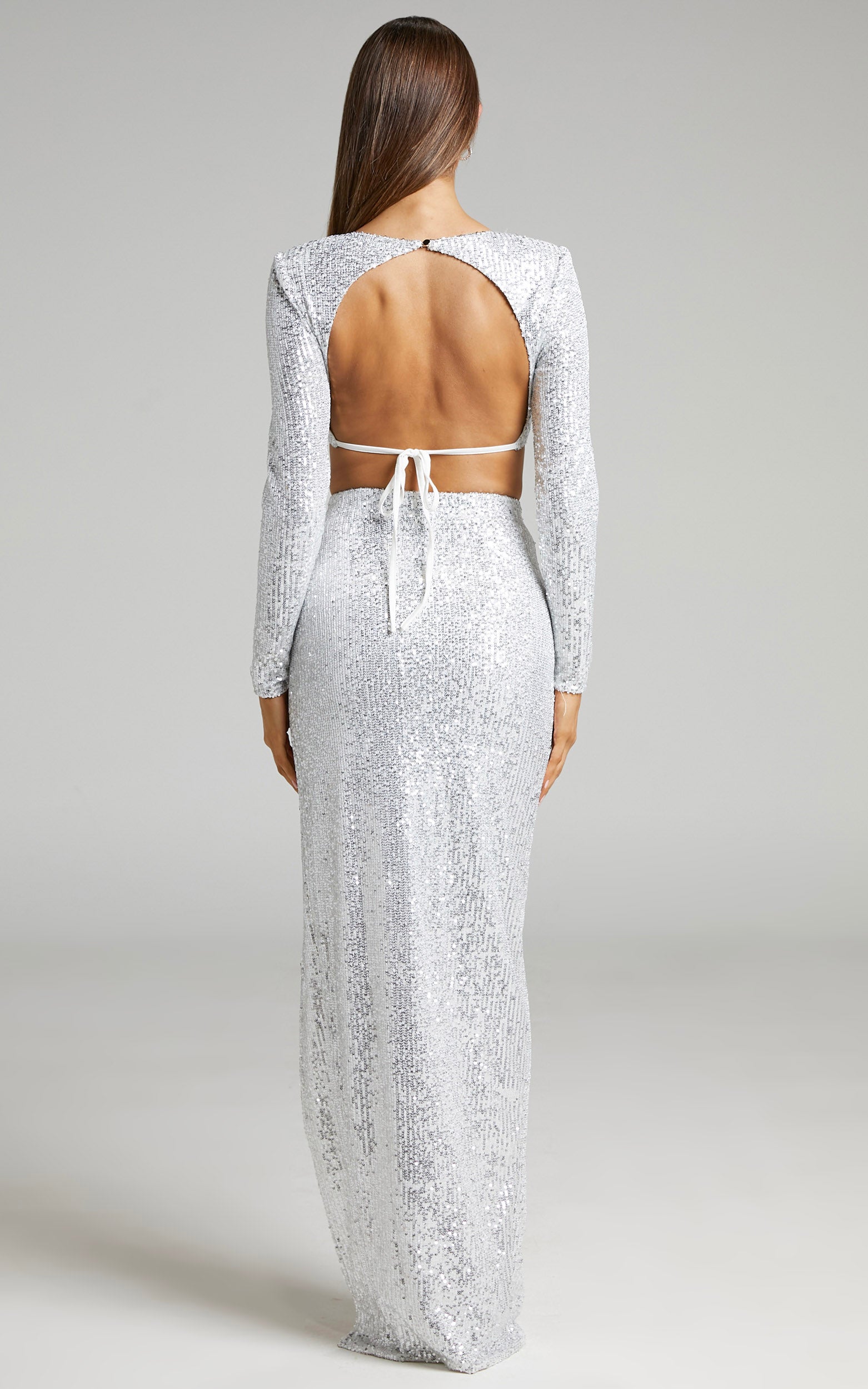 Eliska Two Piece Set - Sequin Crop Top and High Slit Maxi Skirt Set in Silver