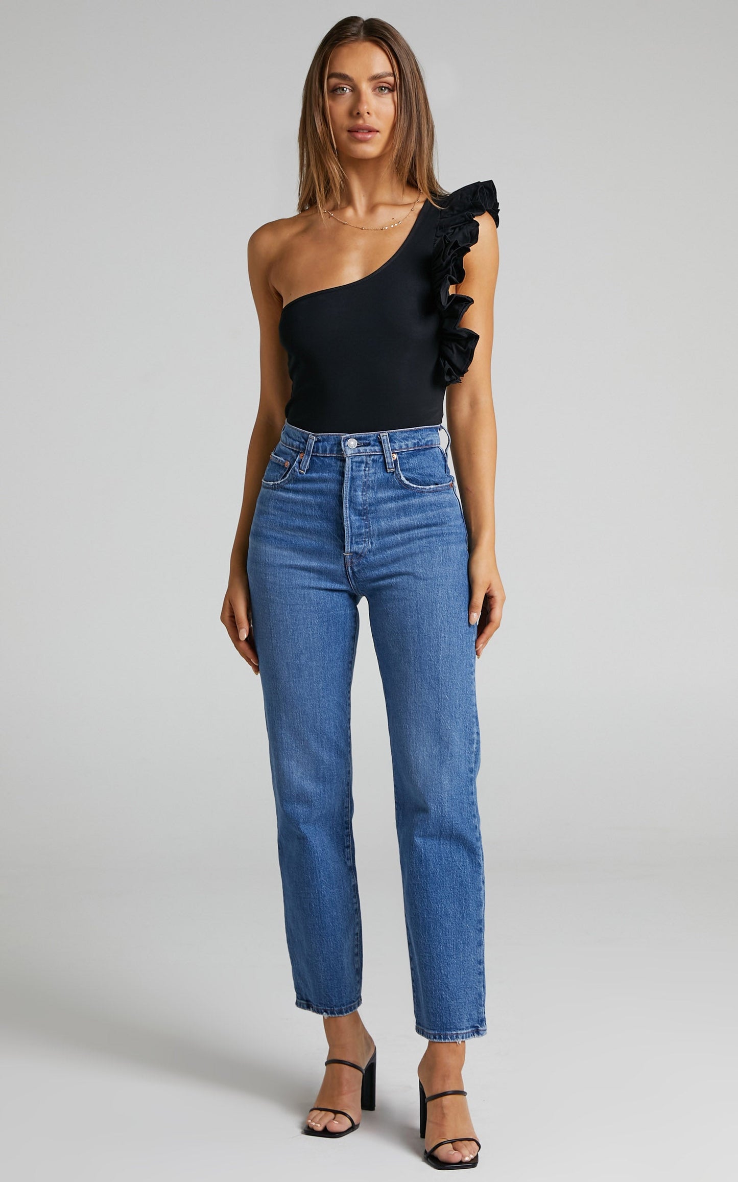 Enna Ruffled Sleeve One Shoulder Bodysuit in Black
