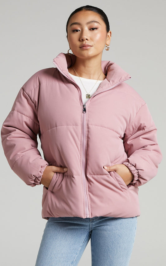 Frankelle Zip Front Quilted Puffer Jacket in Peach