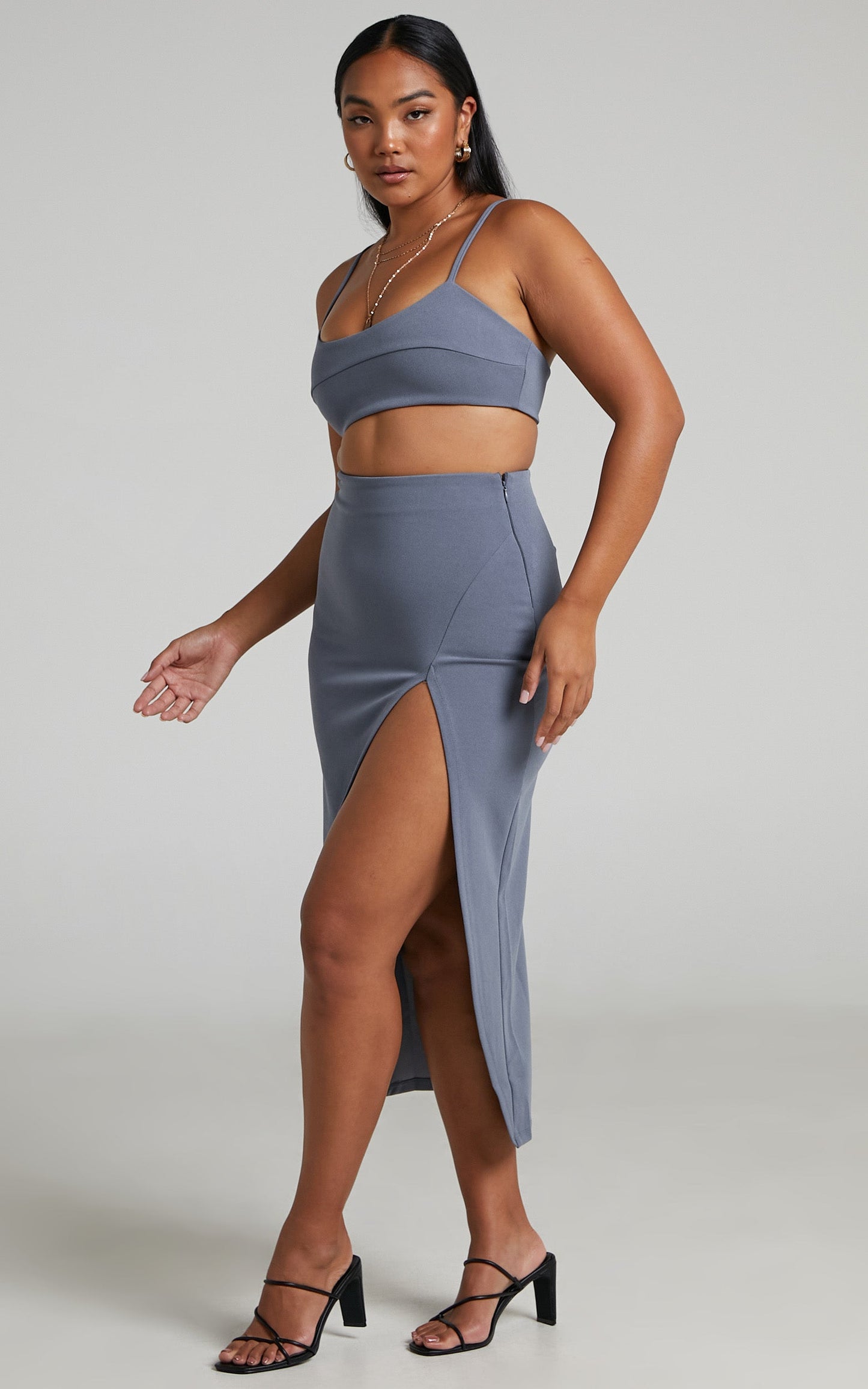 Grayson Crop Top and Split Front Midi Skirt Two Piece Set in Steel Blue