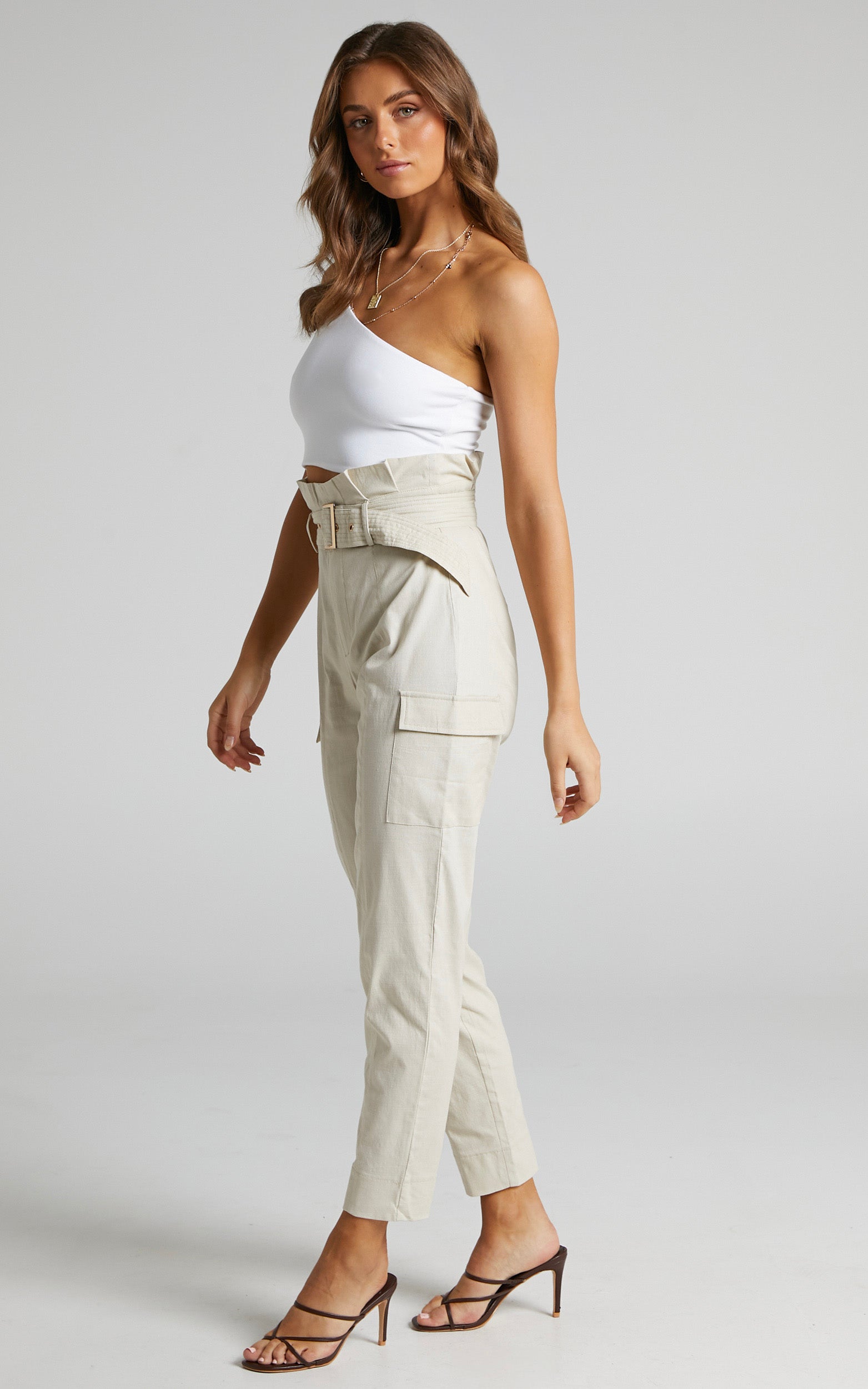 Kaori Belted Paper Bag Waist Utility Pants in Sand