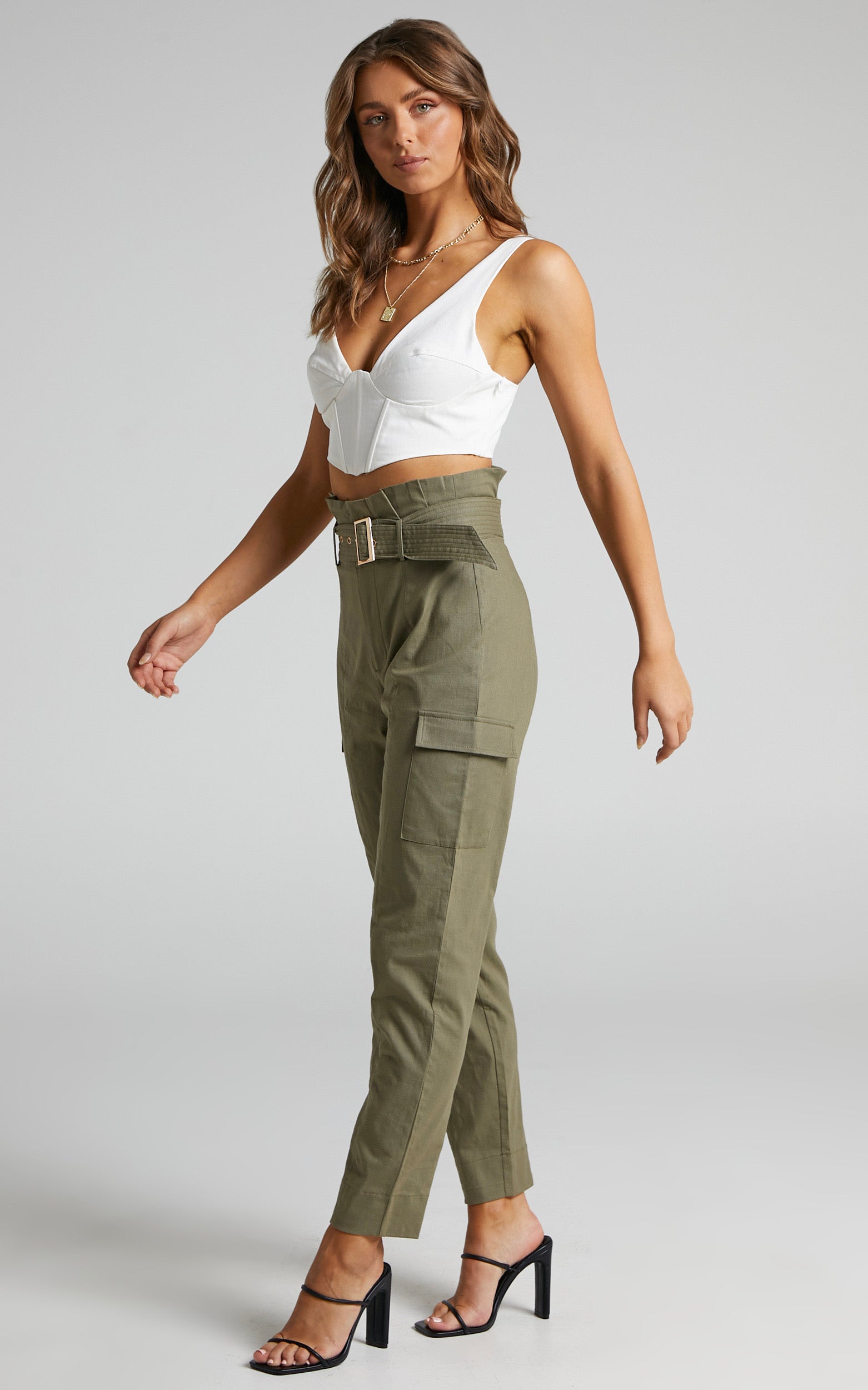 Kaori Belted Paper Bag Waist Utility Pants in Khaki