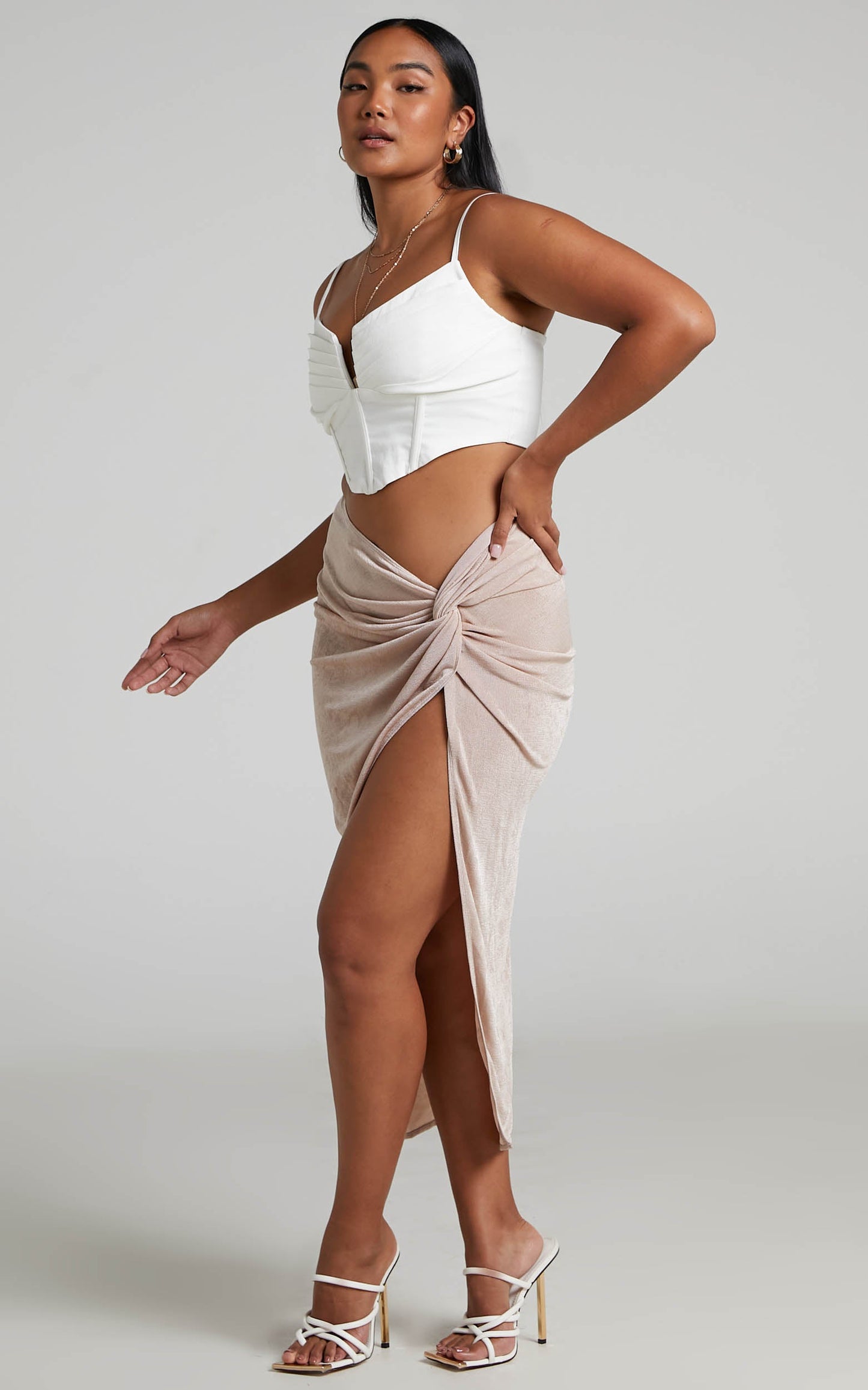 Kianni Knot Front Draped Midi Skirt in Sand