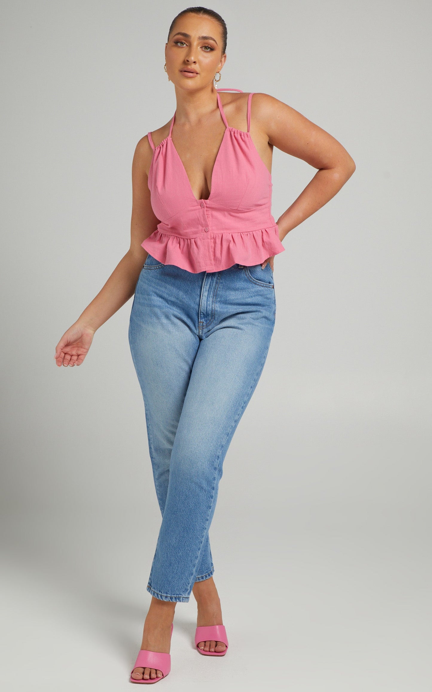 Evangie Top - Linen Double Strap Peplum Top in Pink