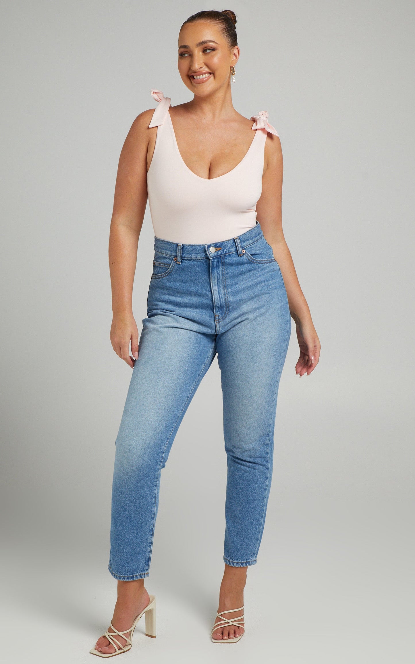 Ryley Bodysuit - V Neck Tie Up Bodysuit in Pink