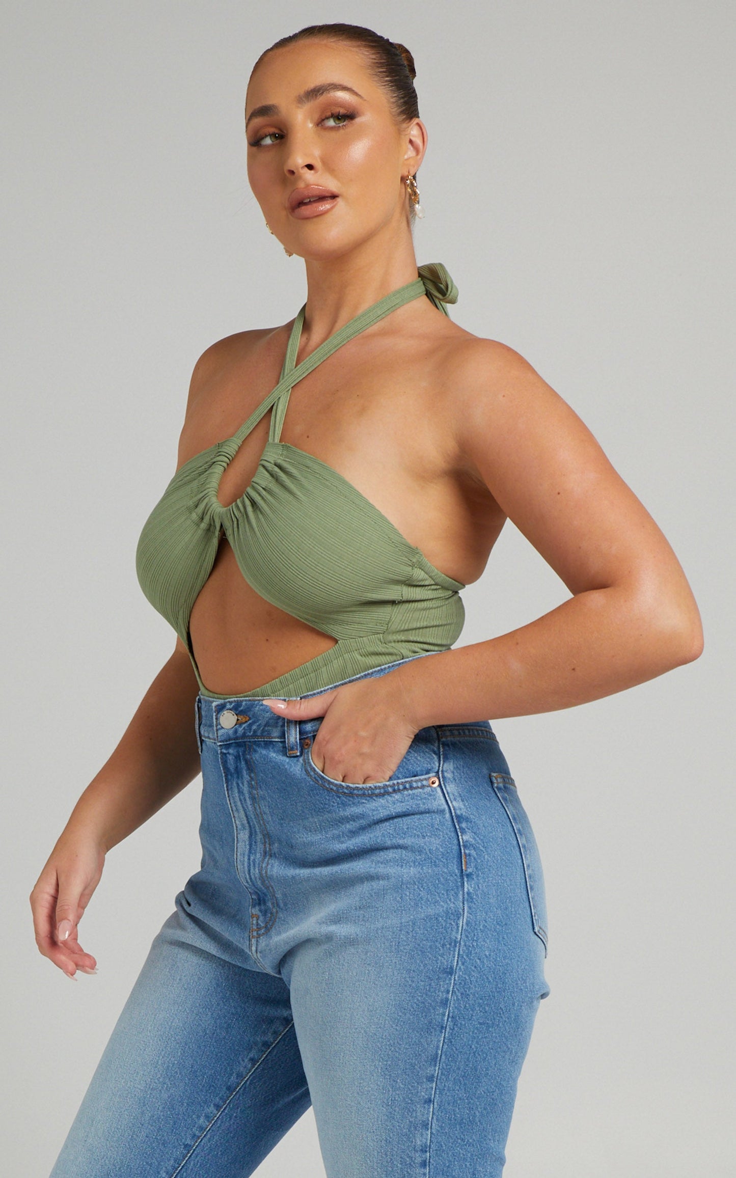 Jolina Bodysuit - Halter Neck Cut Out Bodysuit in Sage