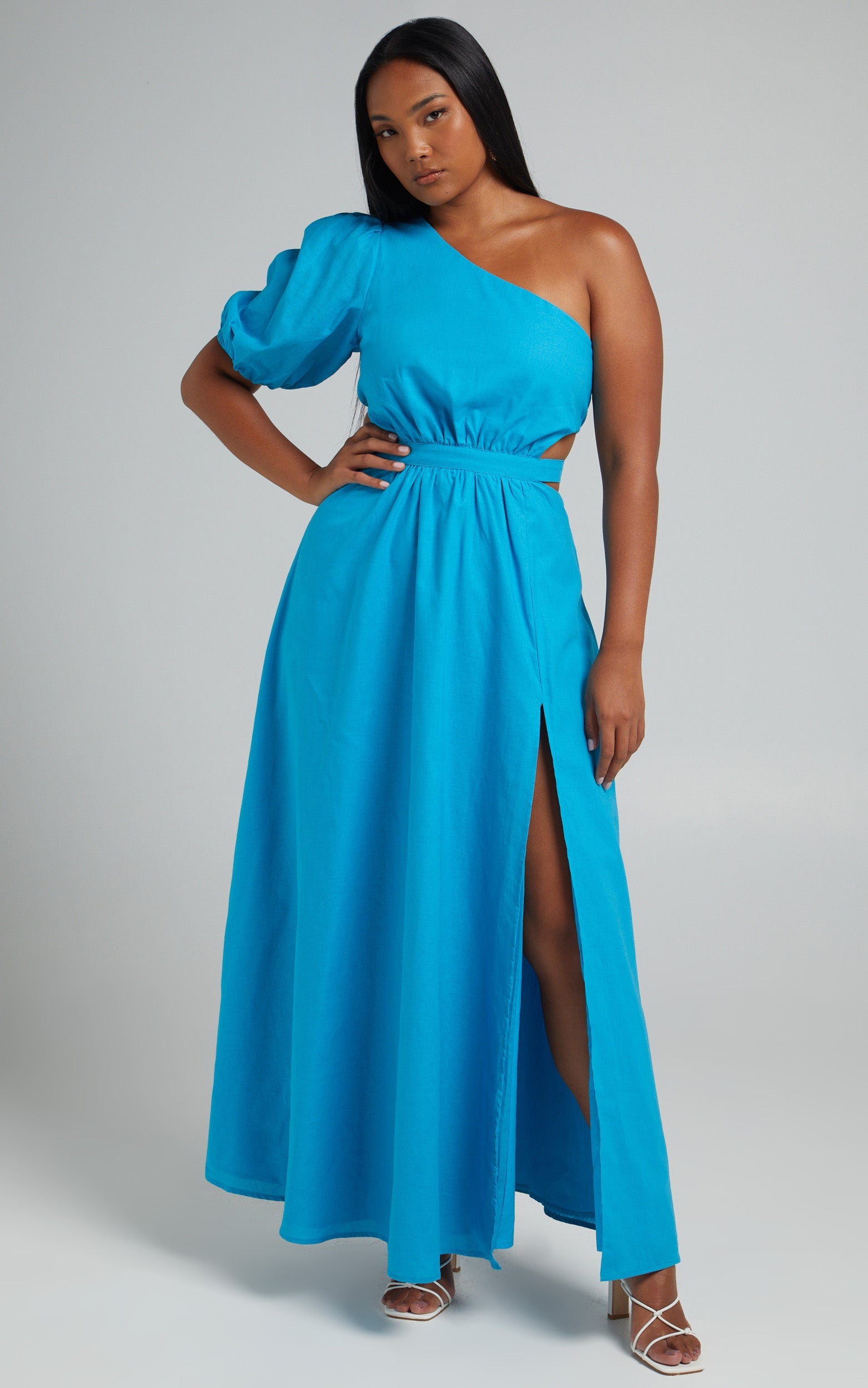 Cedie Midi Dress - One Shoulder Puff Sleeve Dress in Blue