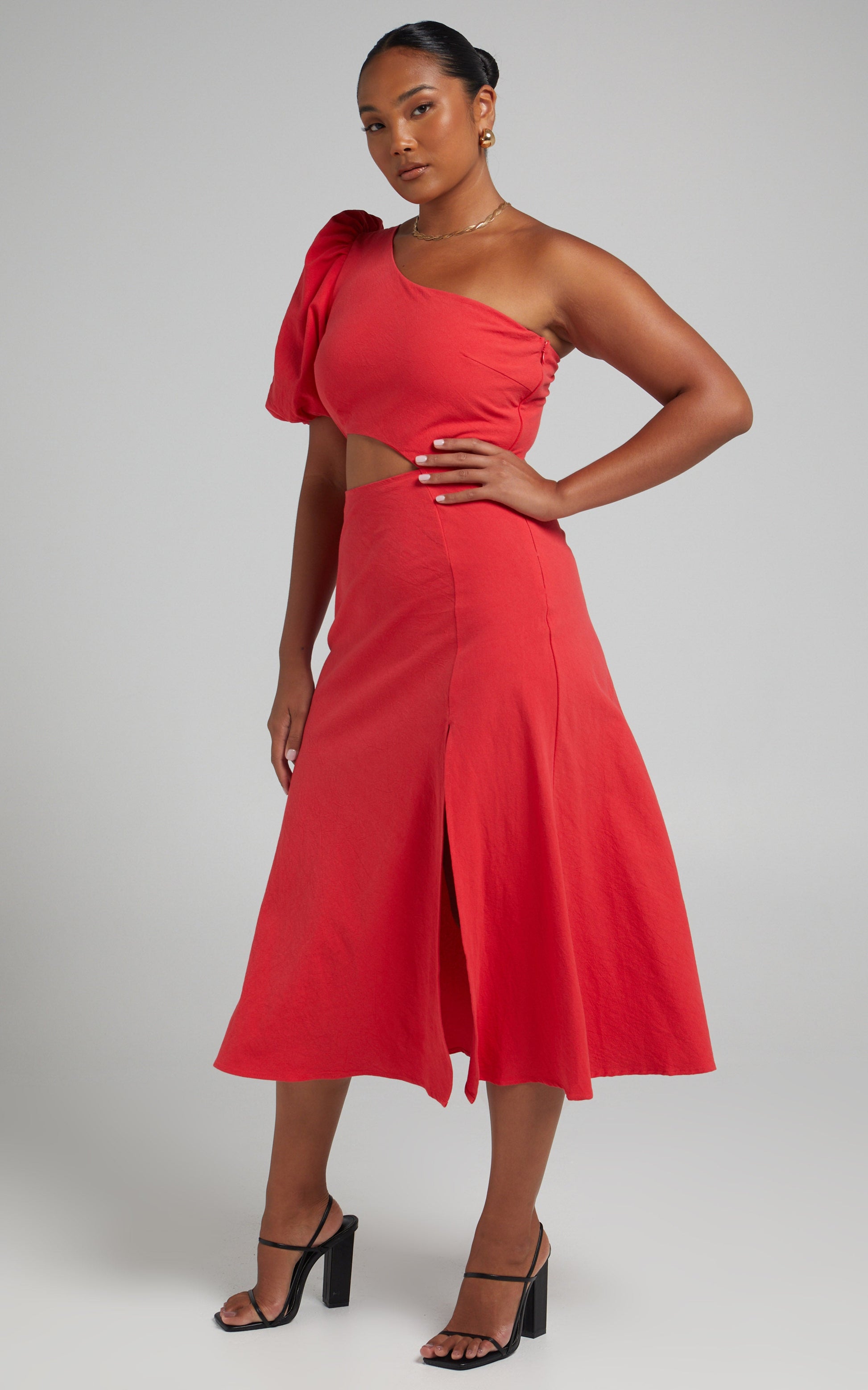 Marcia Midi Dress - One Shoulder Dress with Side Cut Out in Red