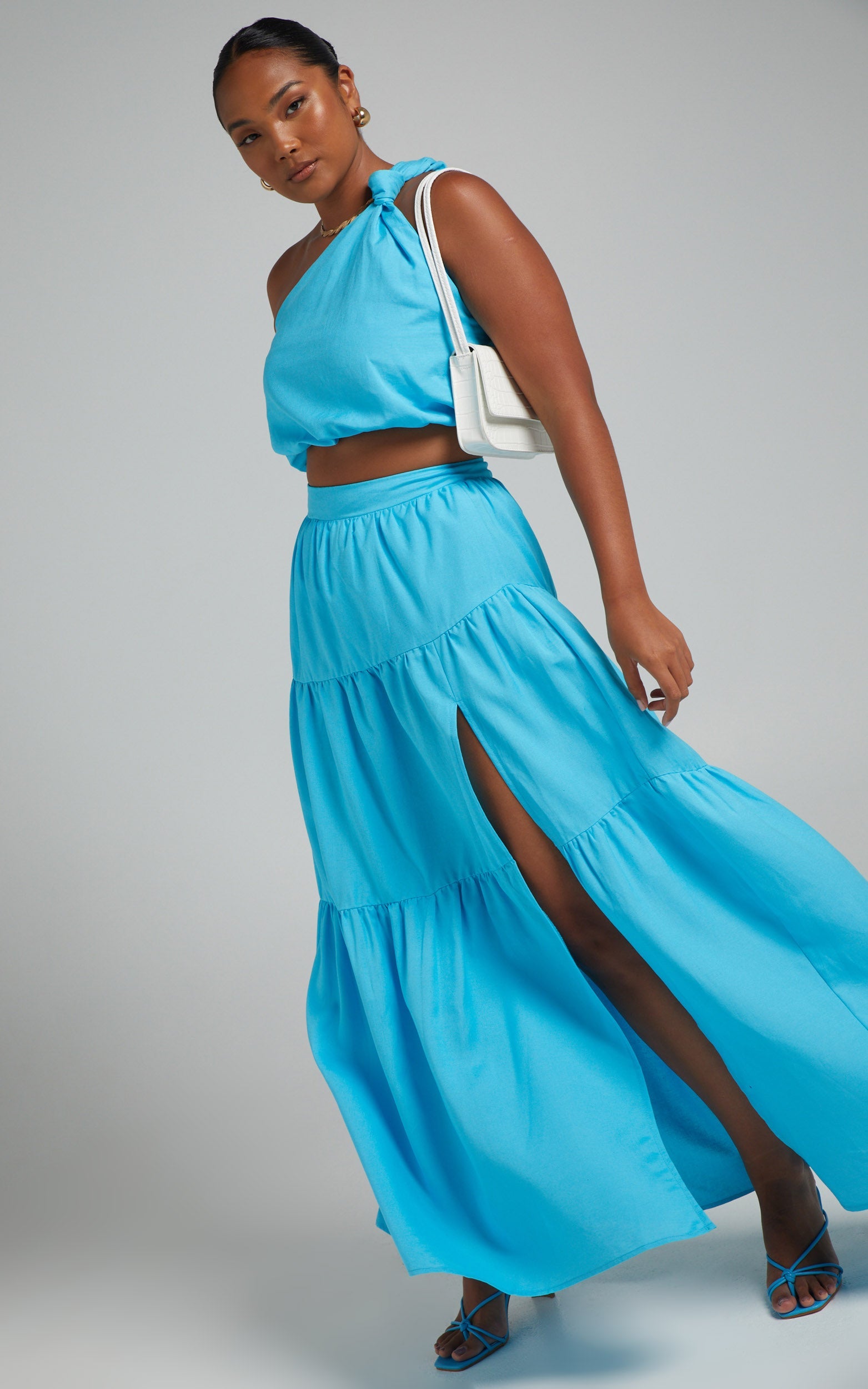 Aerilyn Two Piece Set - Linen One Shoulder Crop Top and Midi Skirt Set in Blue