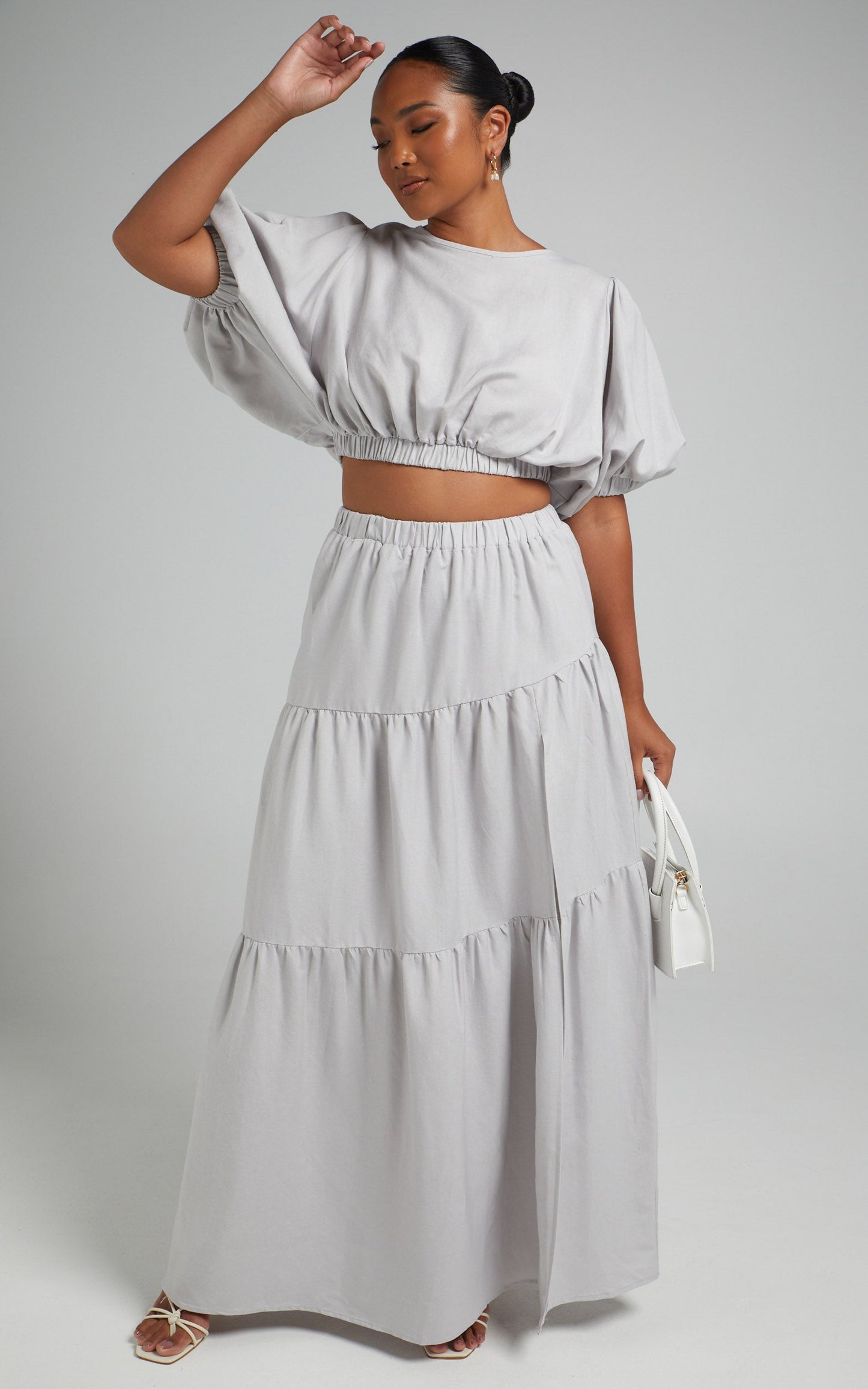 Astrid Two Piece Set - Linen Long Sleeve Top and Thigh Split Midi Skirt Set in Icy Grey