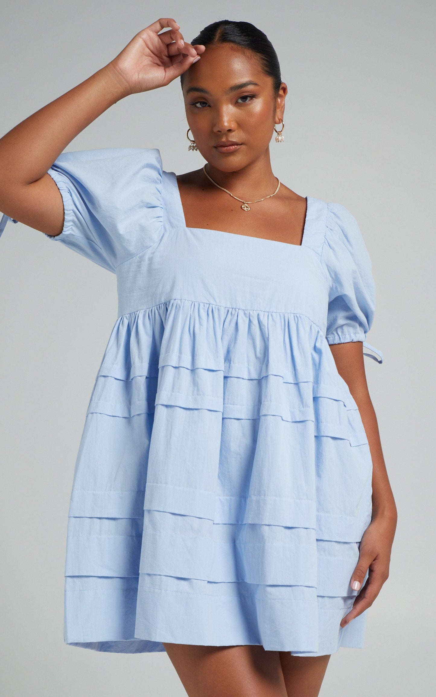 Eleua Mini Dress - Pintuck Short Puff Sleeve Dress in Baby Blue