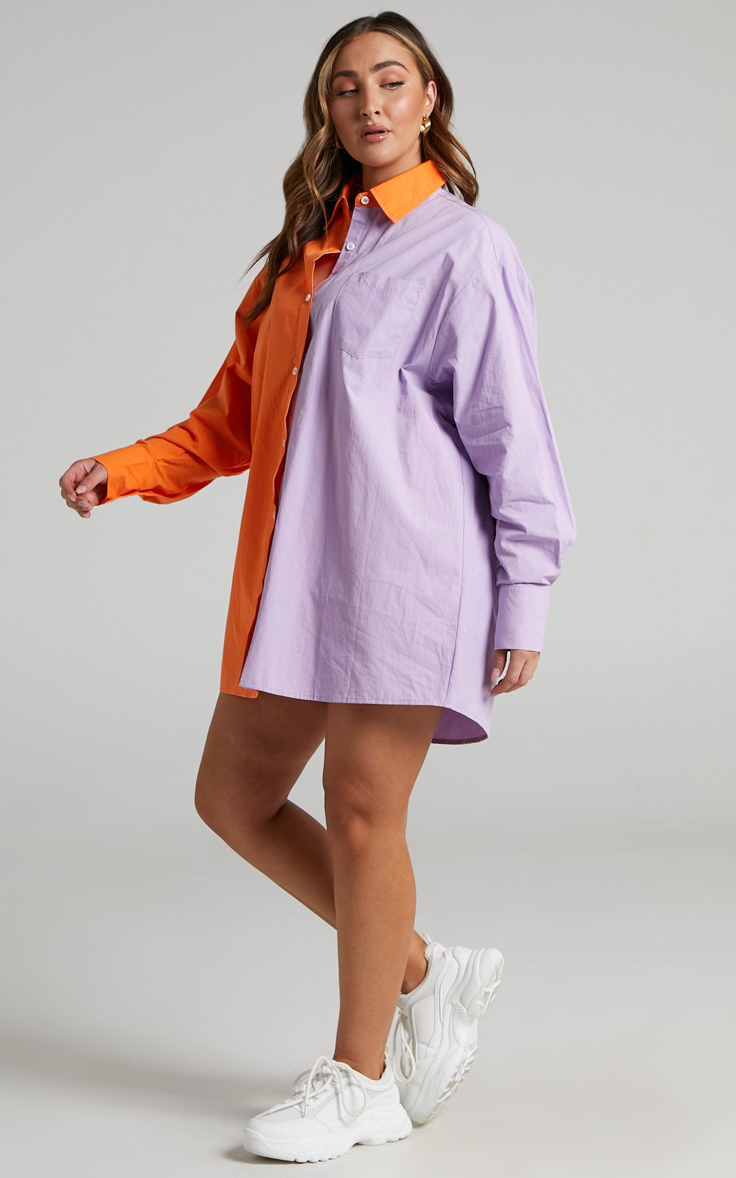 Roewe Shirt - Colour Block Oversized Button Up Shirt in Orange & Lilac