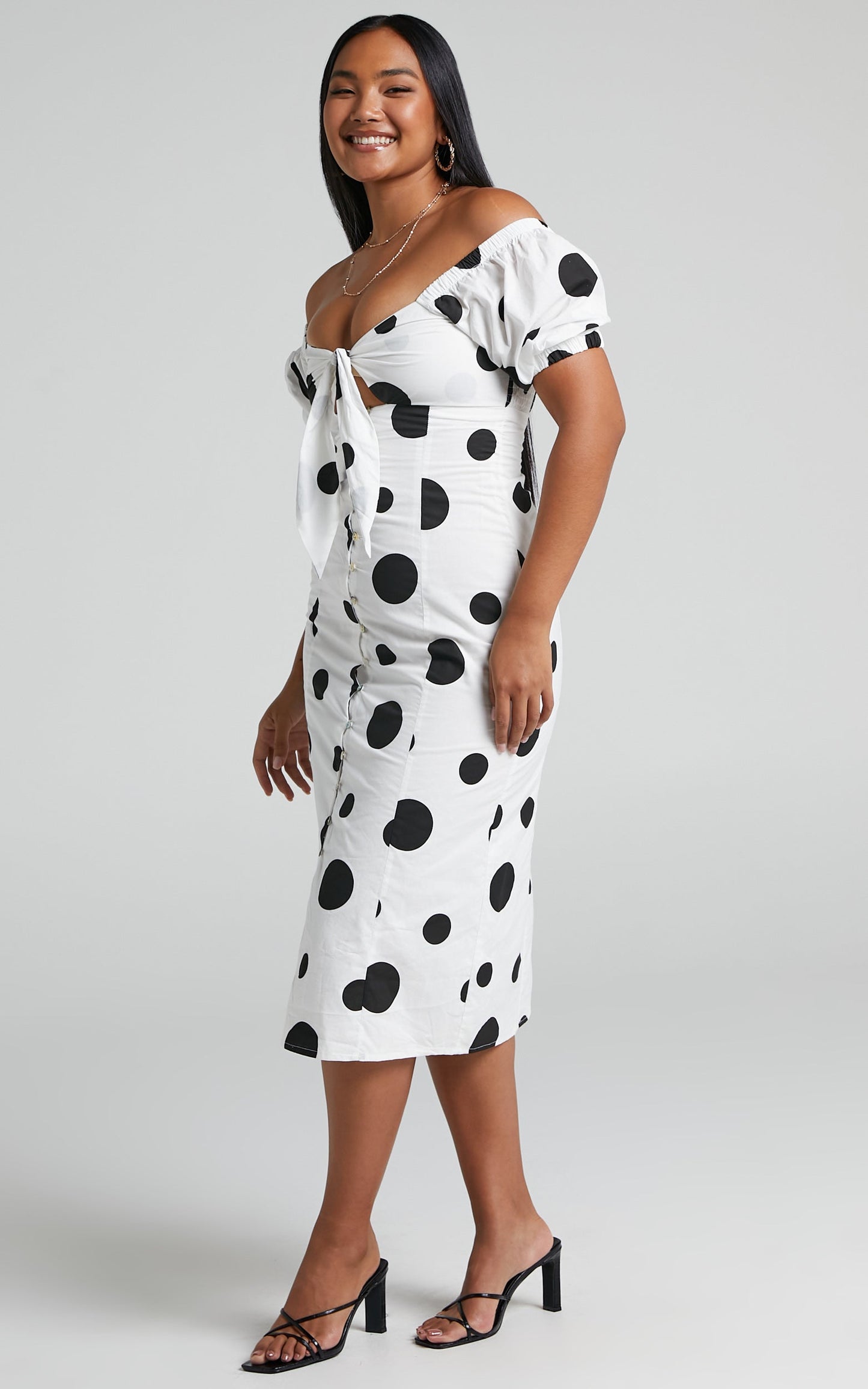 Roybeth Midi Dress - Linen Look Tie Bust Button Front Puff Sleeve Midi Dress in Black Spot
