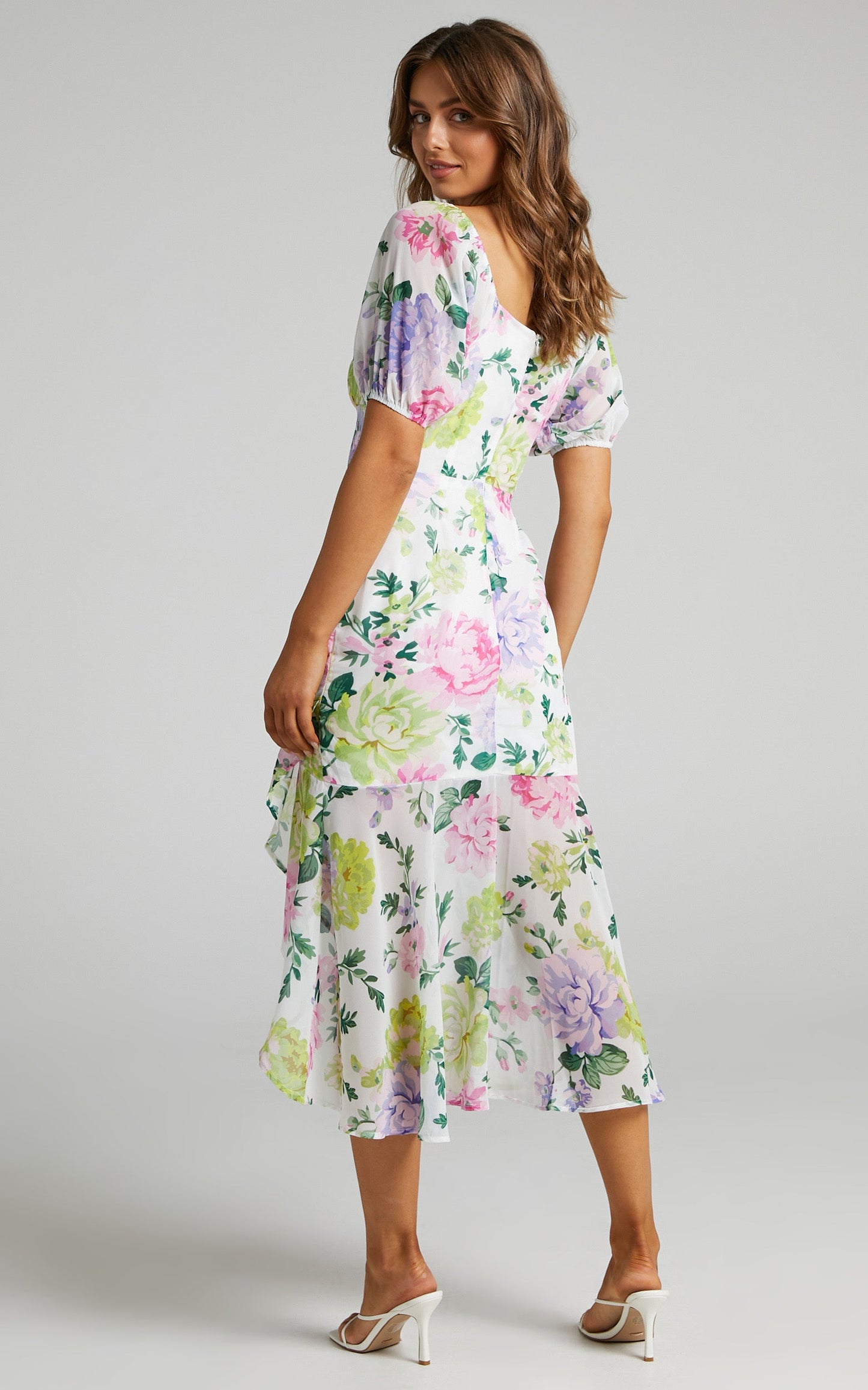 Jasalina Midi Dress - Puff Sleeve Dress in Neon Floral