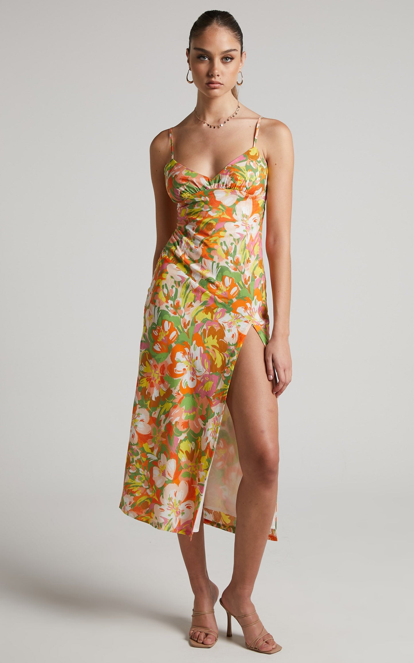 Taurina Bias Cut Split Front Midi Dress in Candid Floral