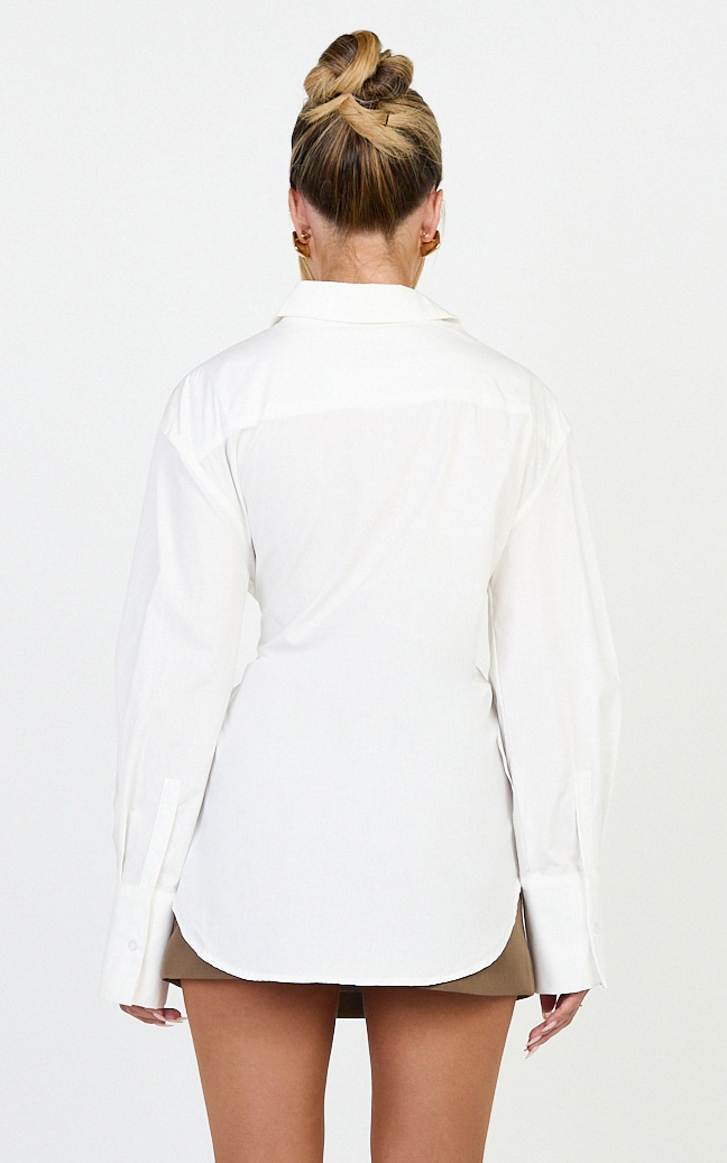 Heloise Top - Wrap Front Buckle and Tie Detail LS Shirt in White