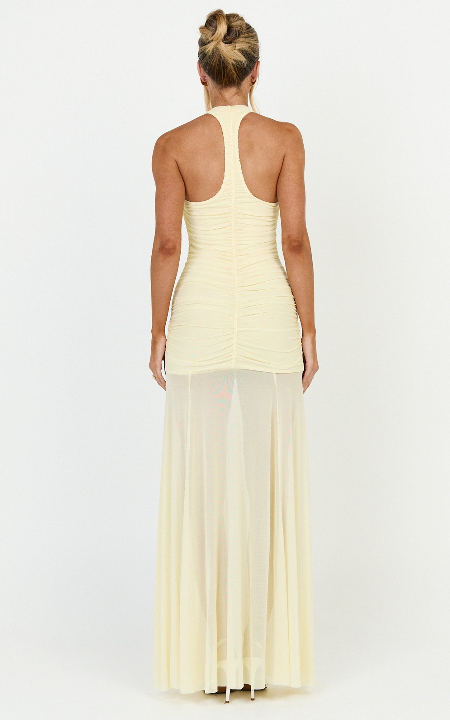 Kori Maxi Dress - Ruched Halterneck Mesh Dress With Racer Back in Lemon