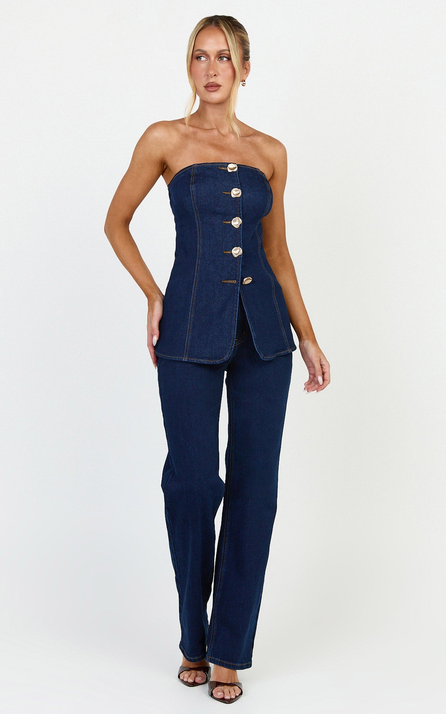 Phoebe Jeans - High Waist Straight Leg Stretch Denim Jeans in Dark Blue Wash