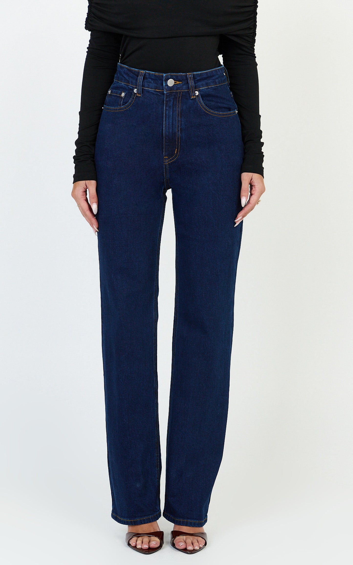 Phoebe Jeans - High Waist Straight Leg Stretch Denim Jeans in Dark Blue Wash
