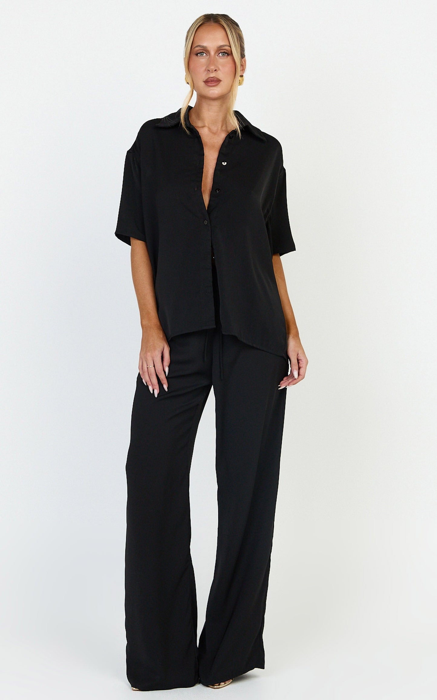 Robyn Pants - High Elastic Waist Relaxed Straight Leg Pants in Black