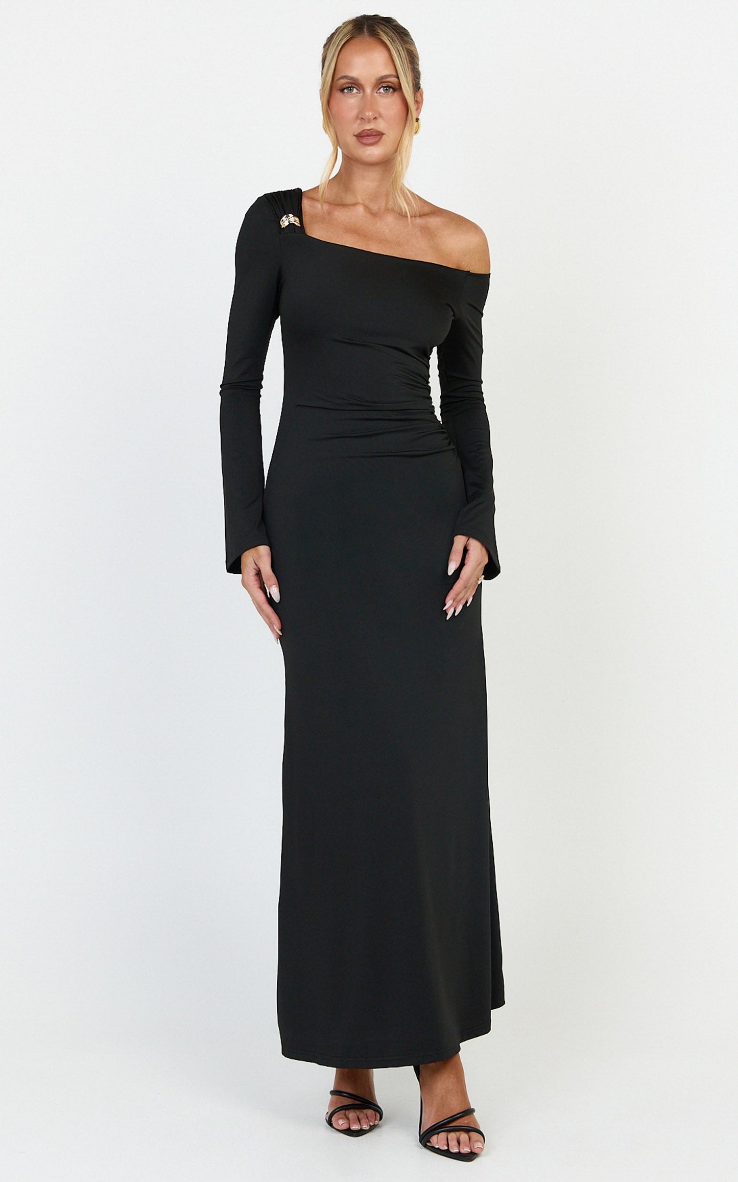 Daisy Maxi Dress - Long Sleeve Gold Hardware Detail Maxi Dress in Black