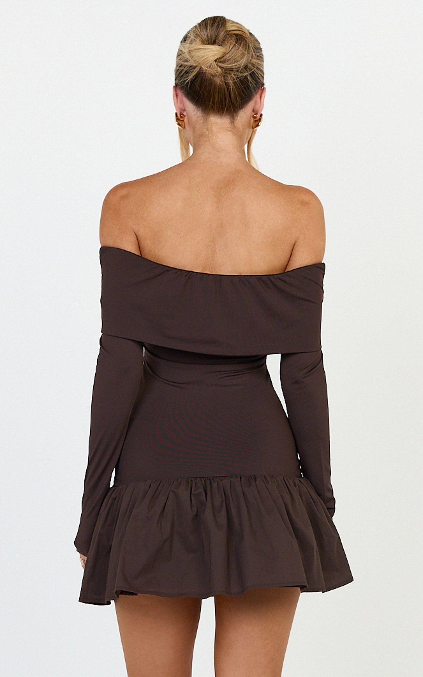 Remi Mini Dress - Mixed Media Overlay Detail Off-shoulder Long Sleeve Dropped Waist Mini Dress in Chocolate
