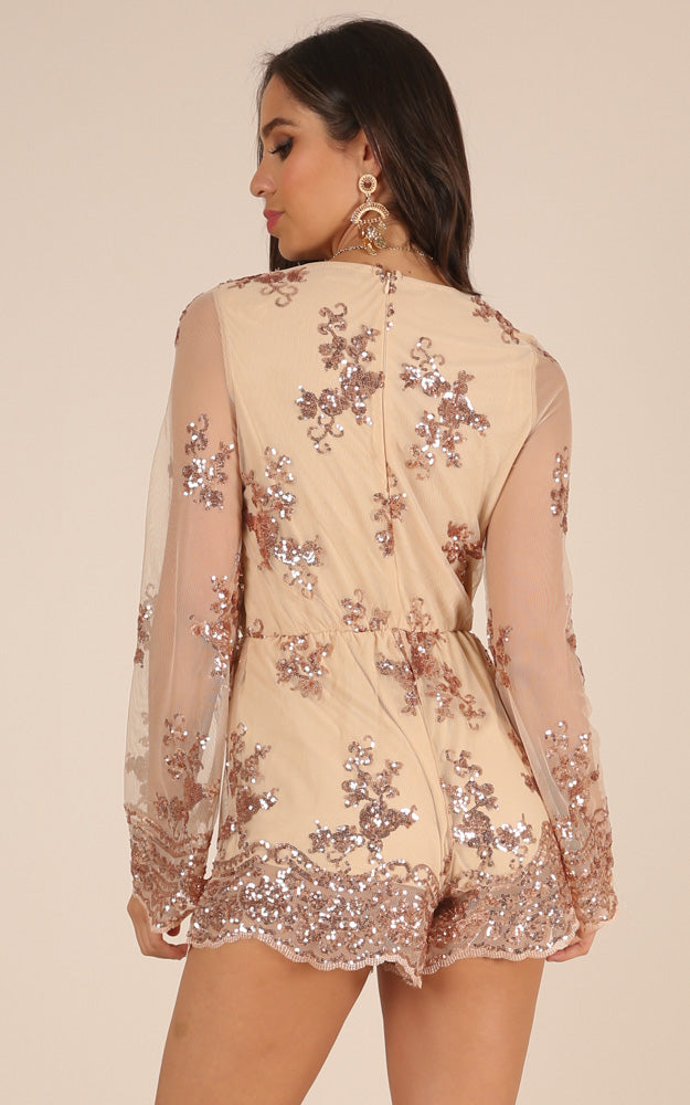 On Call Playsuit In Rose Gold Sequin
