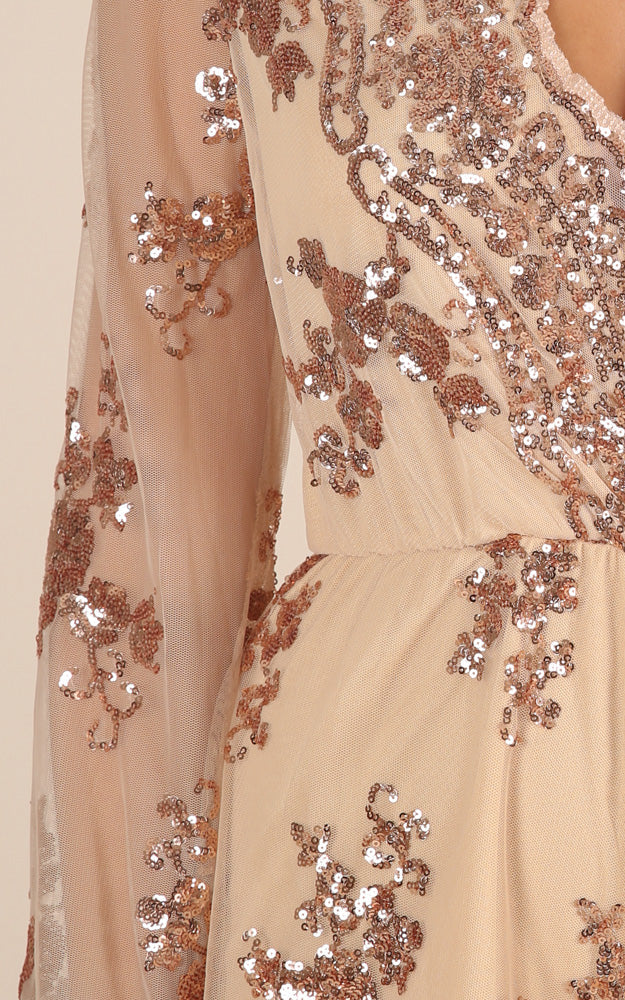 On Call Playsuit In Rose Gold Sequin