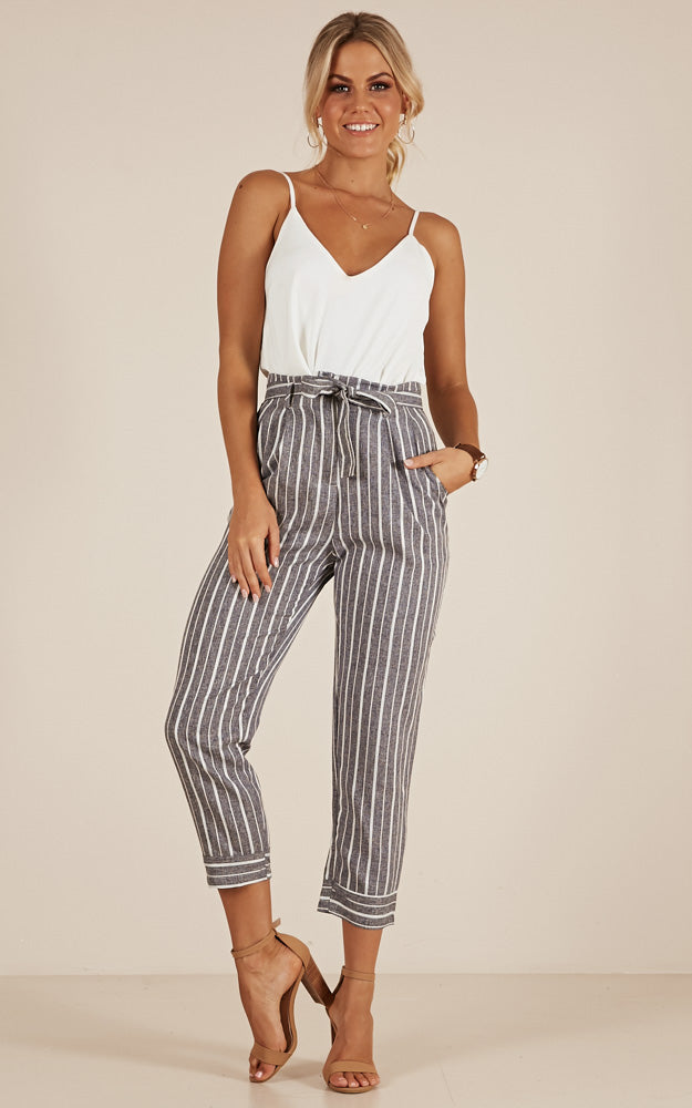 I Belong With You Pants In Grey Stripe Linen Look