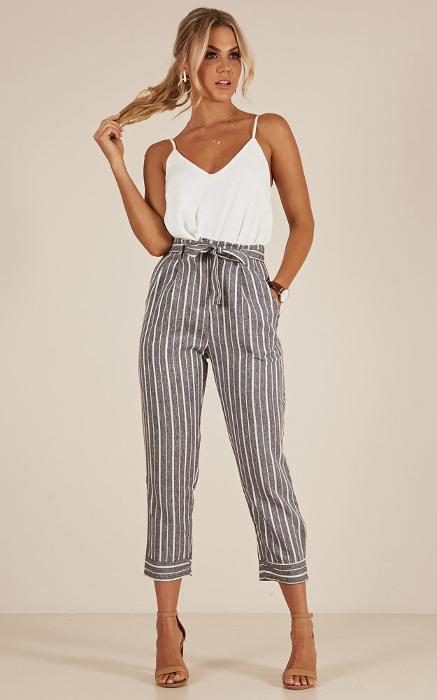I Belong With You Pants In Grey Stripe Linen Look