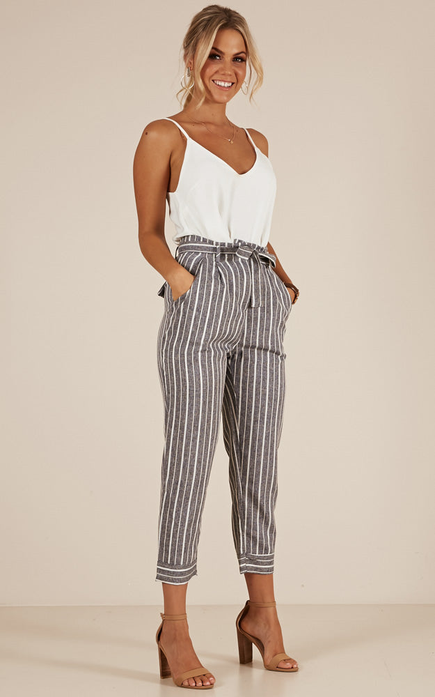 I Belong With You Pants In Grey Stripe Linen Look