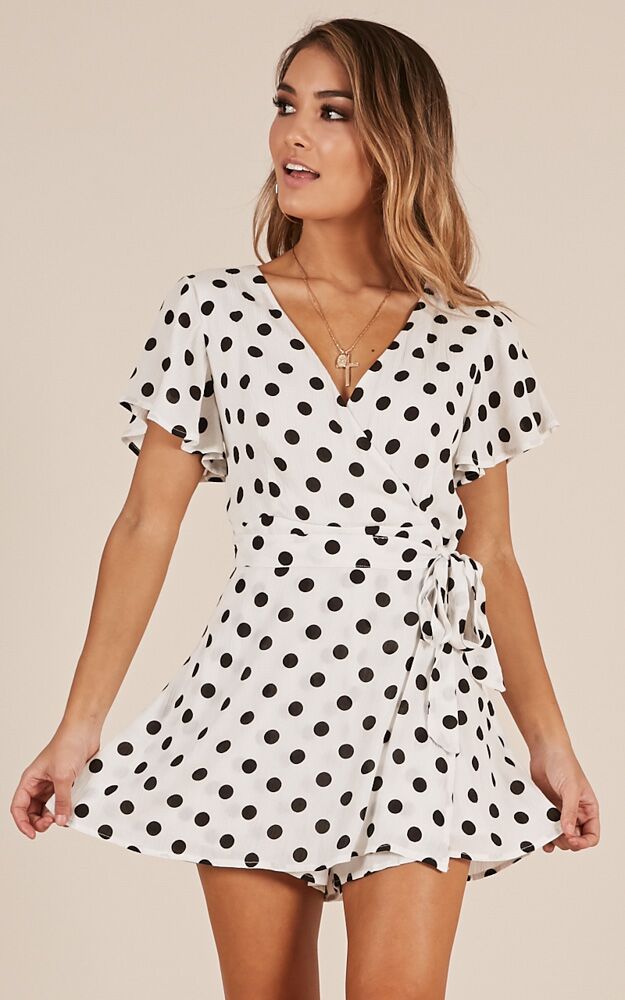Gazey Eyes Playsuit In White Polkadot
