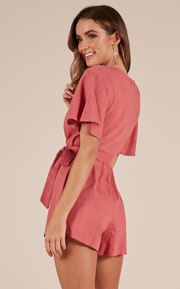 Friend Zone Playsuit In Dusty Rose Linen Look