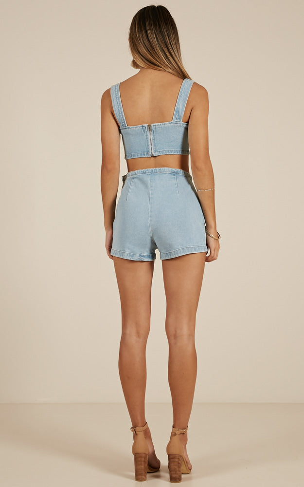 Livin It Up Denim Two Piece Set In Light Wash