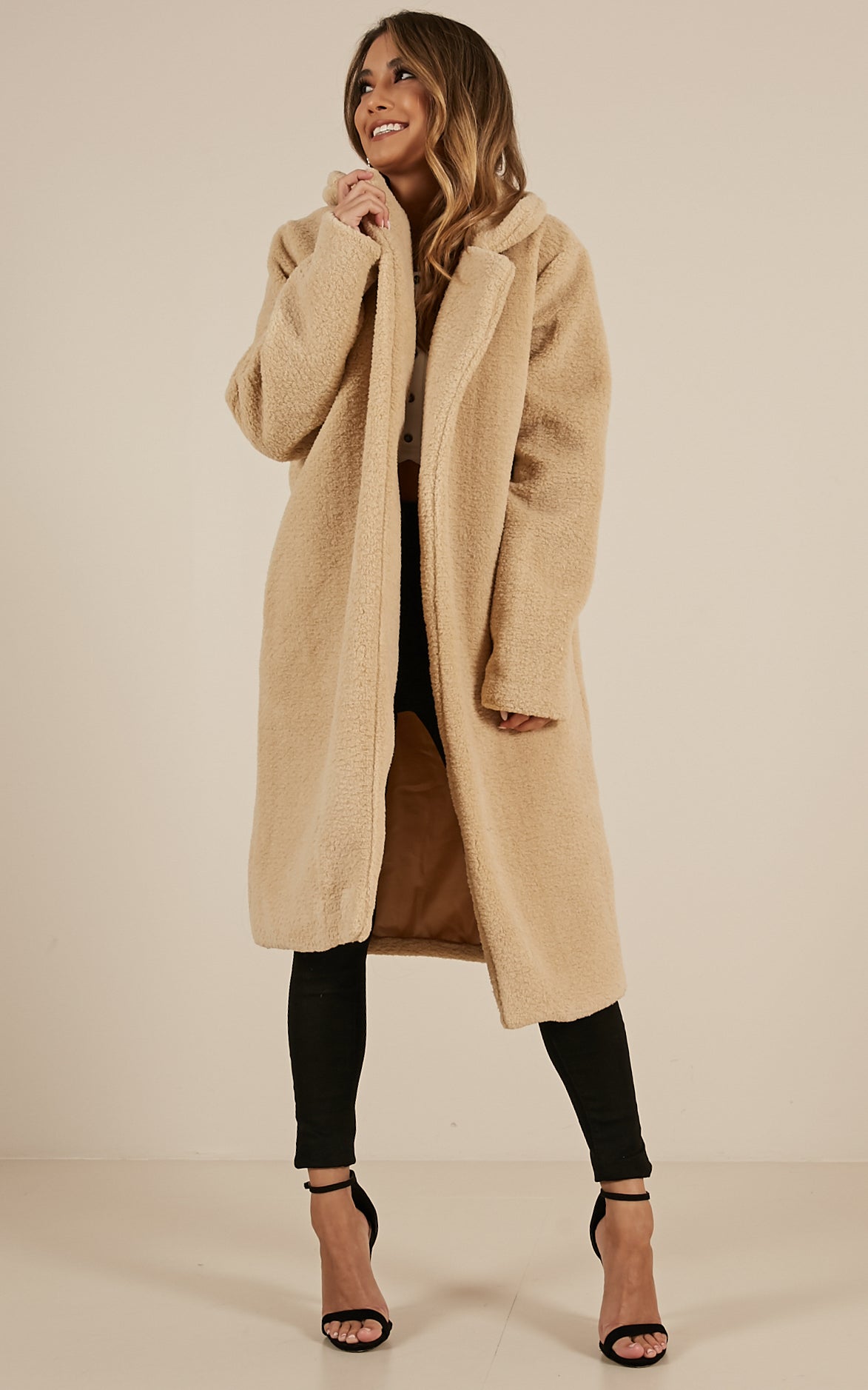 Reach Up High Coat In Beige Teddy
