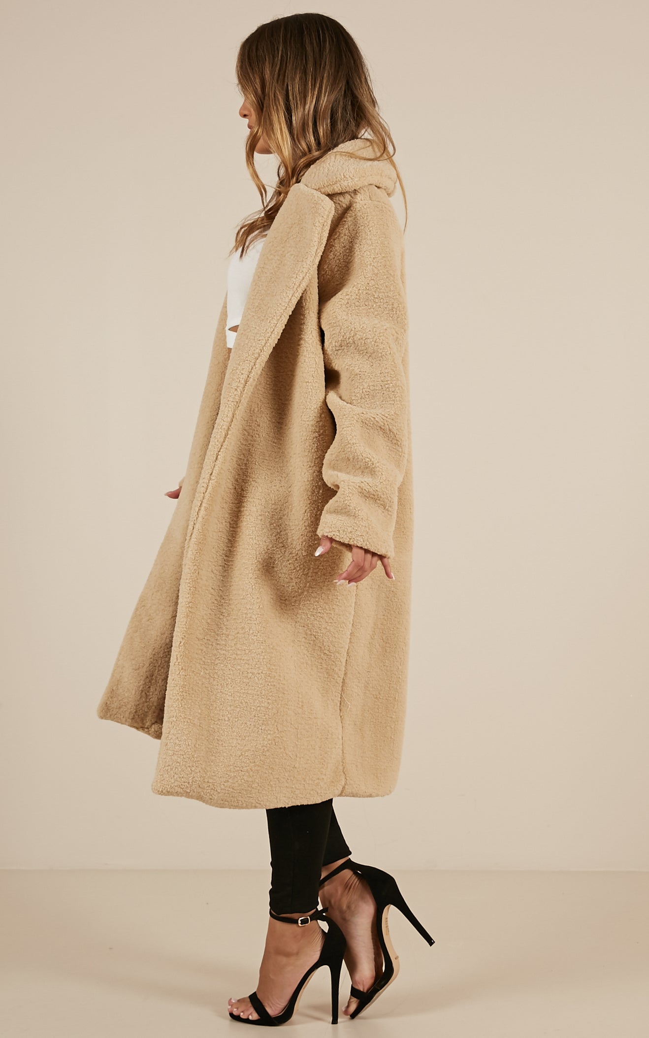 Reach Up High Coat In Beige Teddy