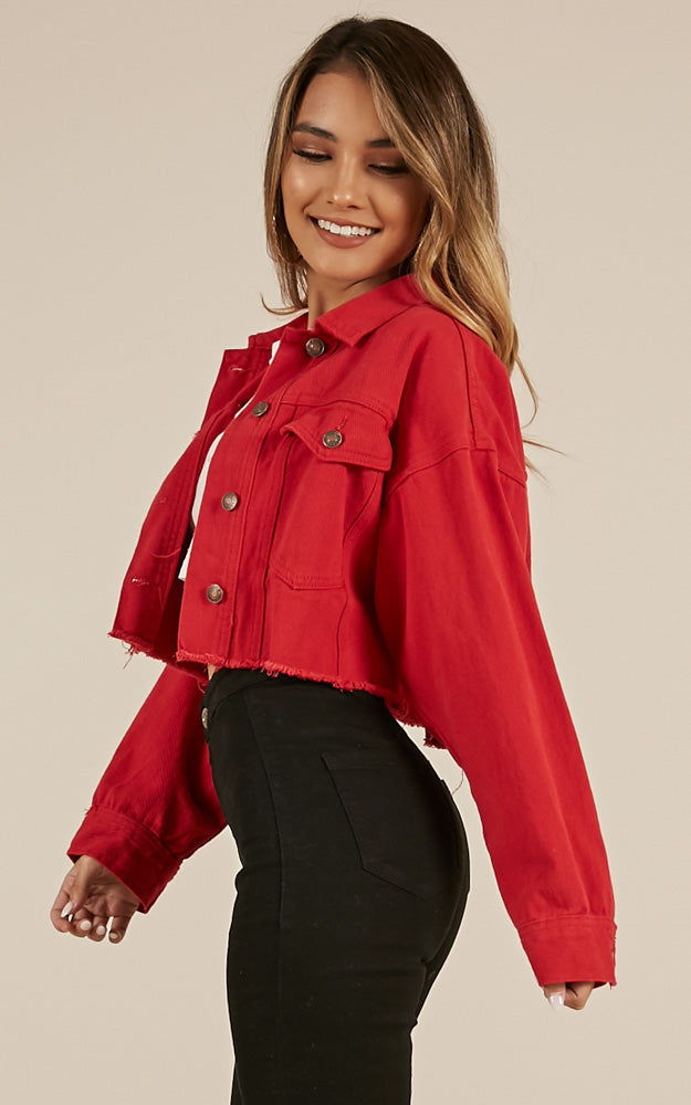 Chase The Sun Denim Jacket In Red